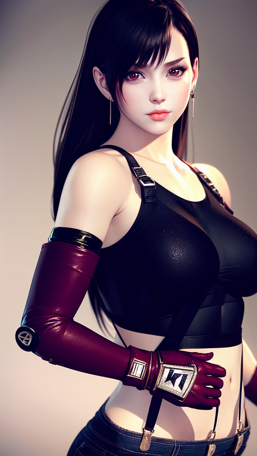  realistic,octane render,1girl, tifa lockhart, solo, long hair, earrings, jewelry, crop top, suspenders, black hair, breasts, looking at viewer, upper body, white **** top, **** top, bangs, midriff, brown eyes, gloves, bare shoulders, shirt, elbow gloves, sleeveless, blue background