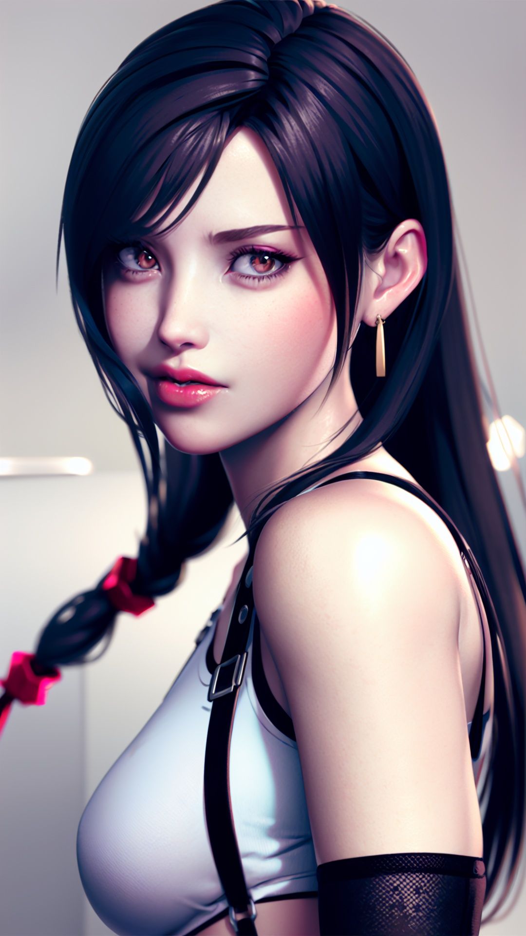  realistic,octane render,1girl, tifa lockhart, solo, long hair, earrings, jewelry, crop top, suspenders, black hair, breasts, looking at viewer, upper body, white **** top, **** top, bangs, midriff, brown eyes, gloves, bare shoulders, shirt, elbow gloves, sleeveless, blue background