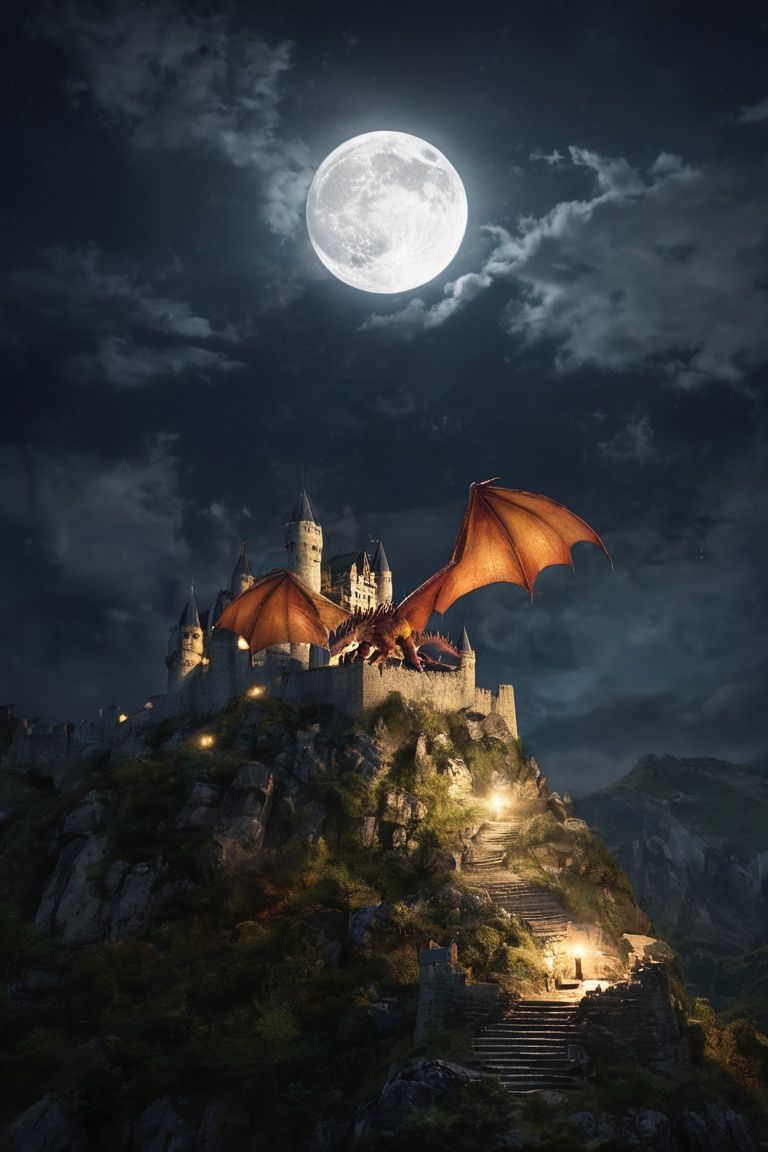 a dragon flying on sky ,a castle on mountaintop,fullmoon,night,Glowing ambiance, enchanting radiance, luminous lighting, ethereal atmosphere, evocative hues, captivating coloration, dramatic lighting, enchanting aura, masterpiece, best quality, epic cinematic, soft nature lights, rim light, amazing, hyper detailed, ultra realistic, soft colors, deep shadow, photorealistic, Ray tracing, Cinematic Light, light source contrast, xts,