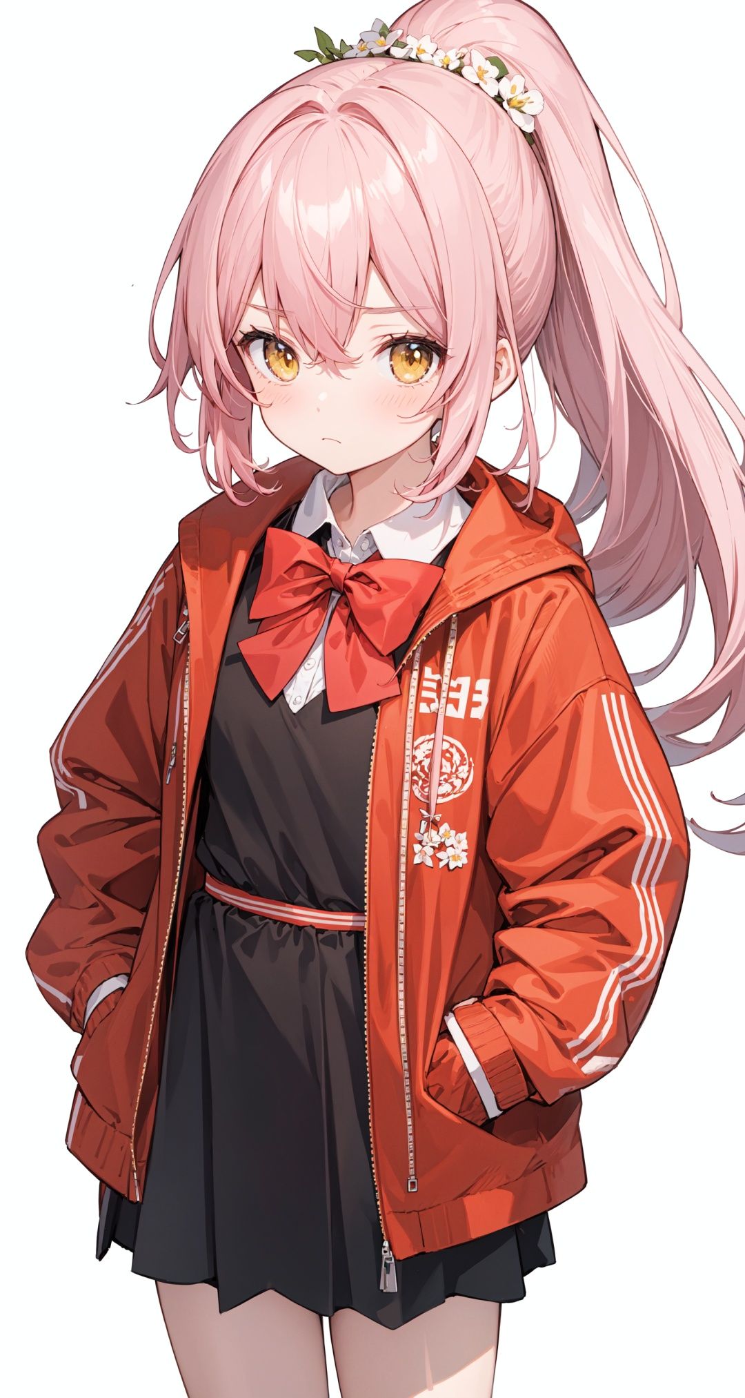  (best quality), ((masterpiece)), (highres),standing,original, extremely detailed wallpaper, (an extremely delicate and beautiful),(loli：1.2),(petite:1.2),Pink hair,Yellow eyes, (red Jacket),high ponytail,white collared shirt,hair flower,fipped hair,floating hair,Frown,hands in pockets,black dress,red bowtie,(solo),cozy anime,houtufeng