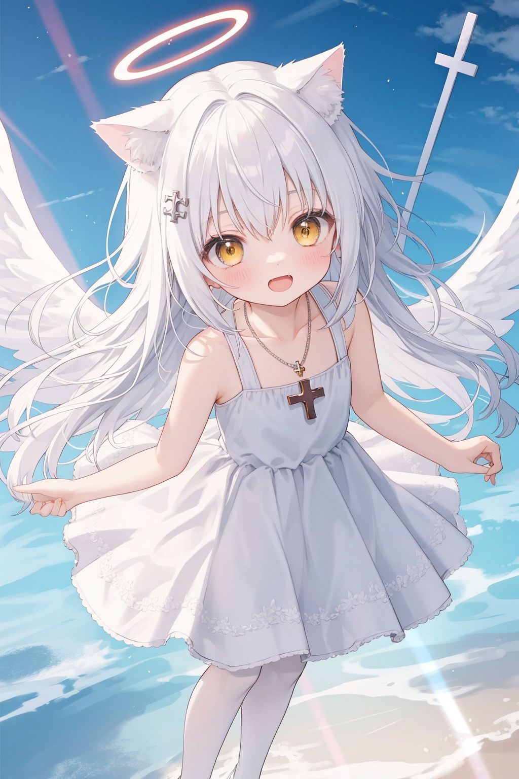 white hair,yellow eyes,looking up,stockings,long hair,hime cut,messy hair,floating hair,demon wings,halo,cross necklace,holy,divinity,shine,holy light,cat girl,(loli),(petite),solo,