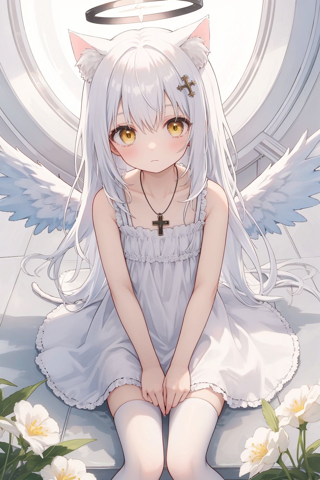 white hair,yellow eyes,looking up,stockings,long hair,hime cut,messy hair,floating hair,demon wings,halo,cross necklace,holy,divinity,shine,holy light,cat girl,(loli),(petite),solo,