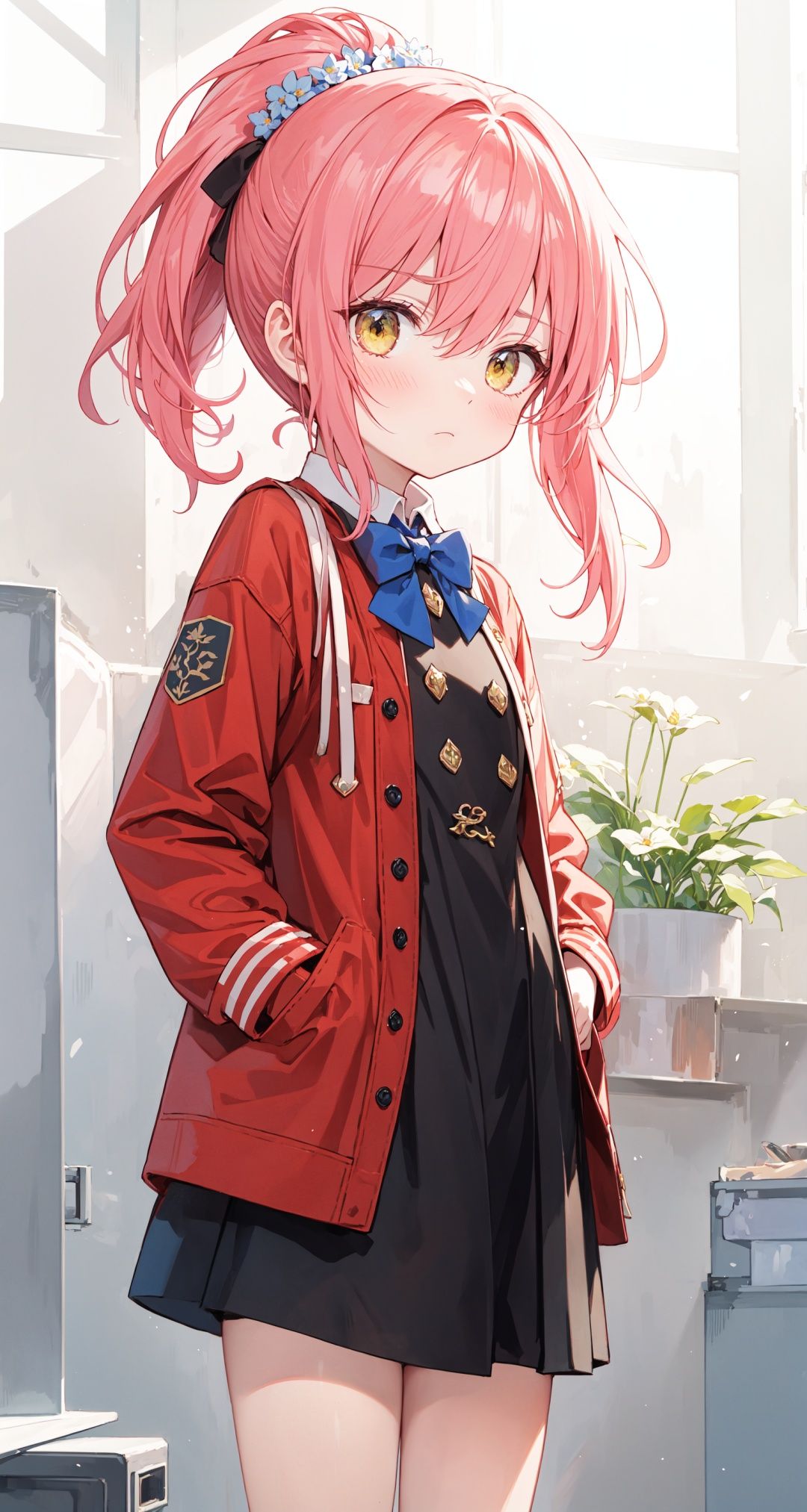  (best quality), ((masterpiece)), (highres),standing,original, extremely detailed wallpaper, (an extremely delicate and beautiful),(loli：1.2),(petite:1.2),Pink hair,Yellow eyes, (red Jacket),high ponytail,white collared shirt,hair flower,fipped hair,floating hair,Frown,hands in pockets,black dress,red bowtie,(solo),cozy anime,houtufeng