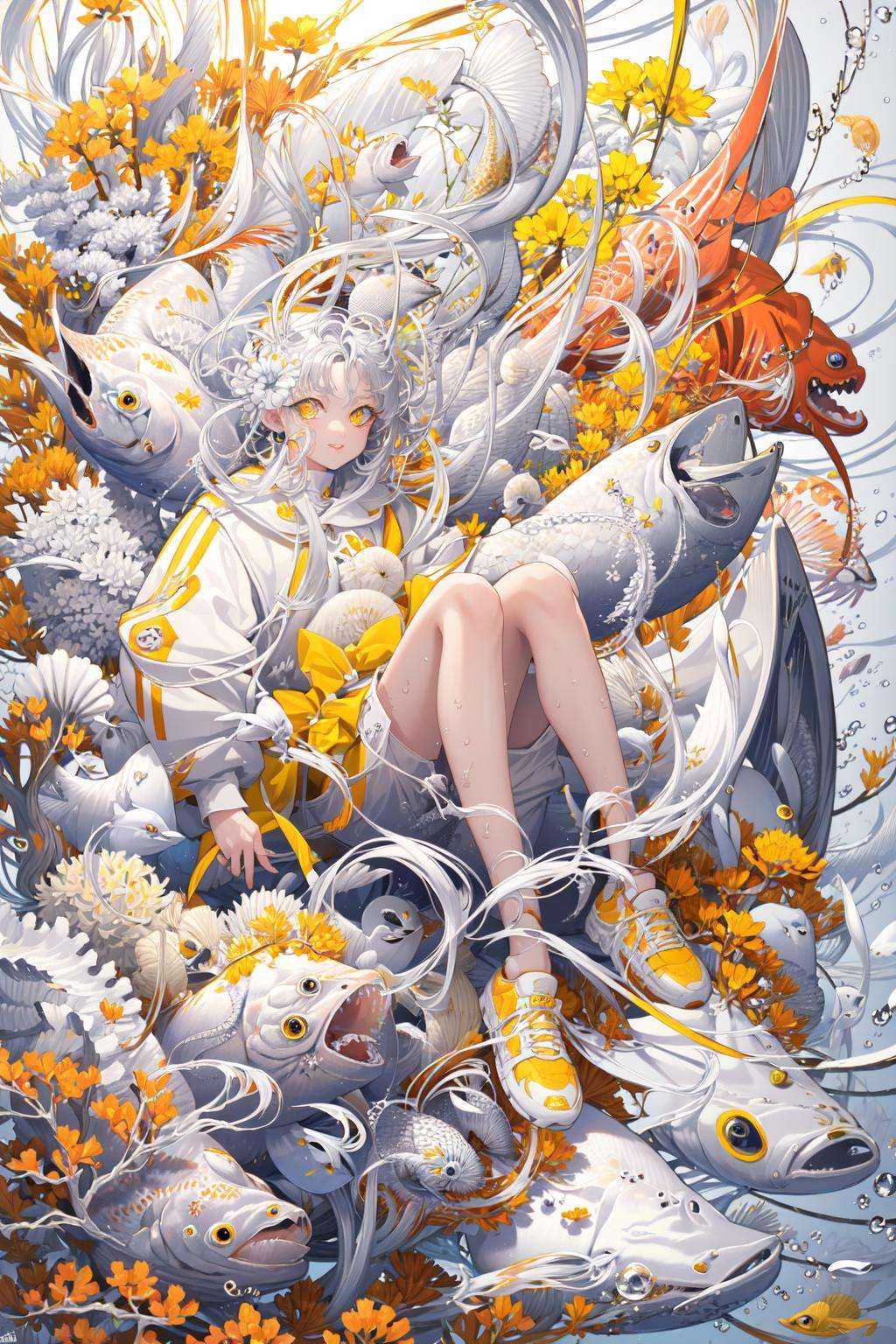 (masterpiece:1.2),best quality,PIXIV,White hell,1girl,fish,long hair,solo,flower,looking at viewer,yellow eyes,floating hair,long sleeves,bubble,white hair,air bubble,shoes,white footwear,goldfish,coral,smile,shell,underwater,very long hair,clownfish,yellow flower,jellyfish,seashell,orange flower,white shorts,orange theme,parted lips,white theme,snake,animal,bare legs,shorts,dress,white dress,<lora:White hell-000018:1>,