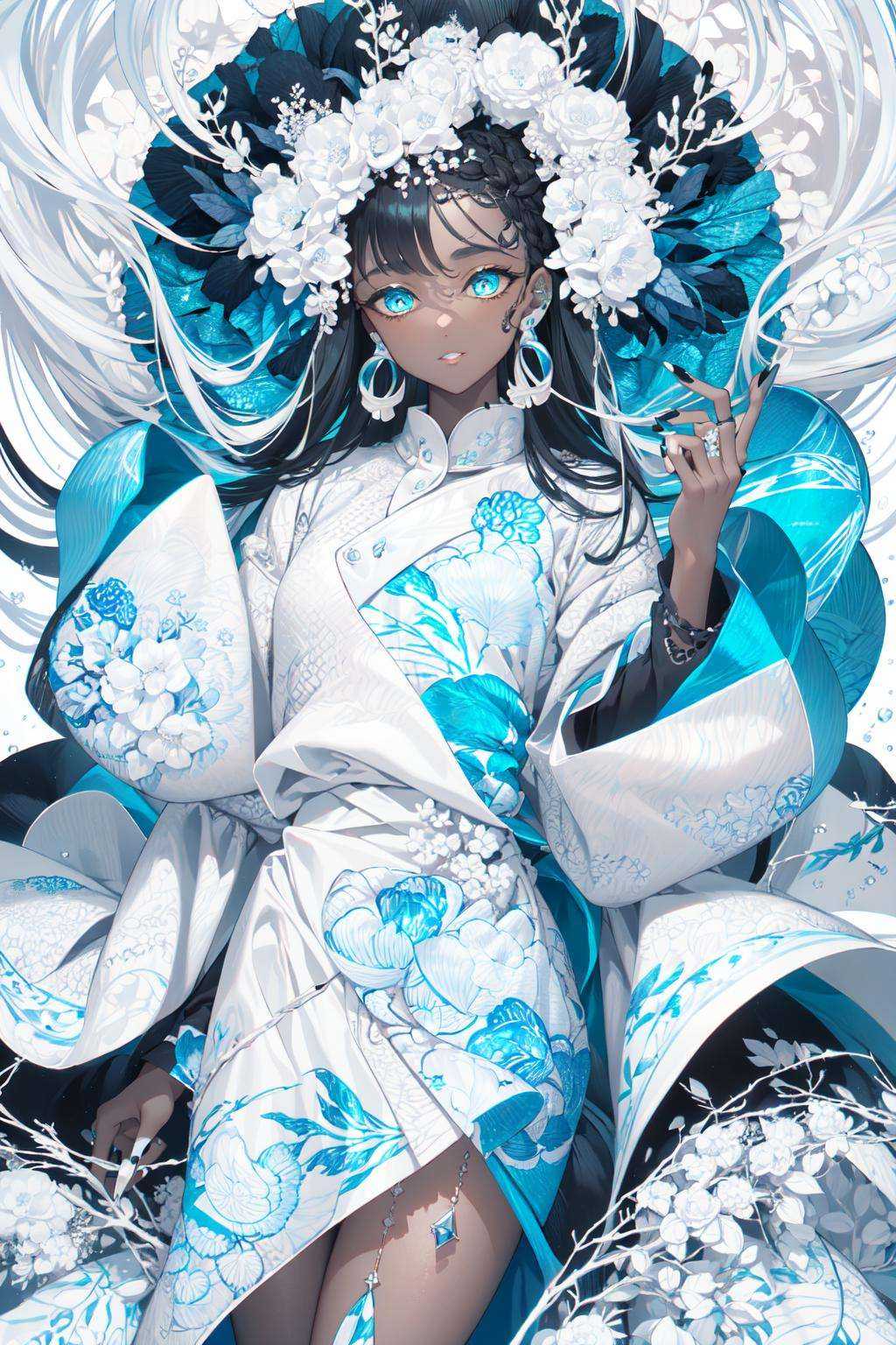 -1girl, solo, dark skin, black hair, dark-skinned female, long hair, flower, looking at viewer, dress, blue eyes, floral print, floating hair, black nails, aqua eyes, parted lips, earrings, jewelry, long sleeves, black dress,White hell,<lora:White hell-000018:0.9>,
