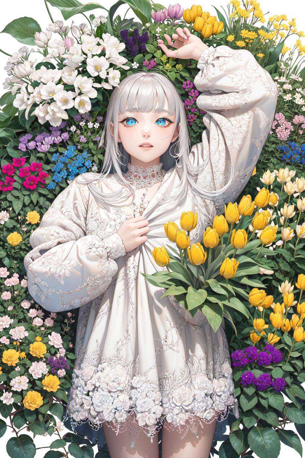 -flower, 1girl, tulip, pink flower, solo, white flower, blue flower, yellow flower, purple flower, dress, bangs, cowboy shot, leaf, white dress, looking at viewer, long sleeves, on back, long hair, blue eyes, holding, orange flower, white hair, white background, lying, frills, holding flower, plant, rose,White hell,<lora:White hell-000018:0.9>,
