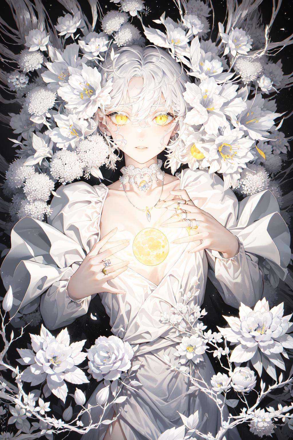 -1girl, flower, solo, yellow eyes, looking at viewer, white hair, white flower, parted lips, dress, jewelry, moon, ring, long hair, bangs, long sleeves, necklace, crescent, glowing, white dress, lying, hair flower, planet, hair between eyes, hands up,White hell,<lora:White hell-000018:0.9>,