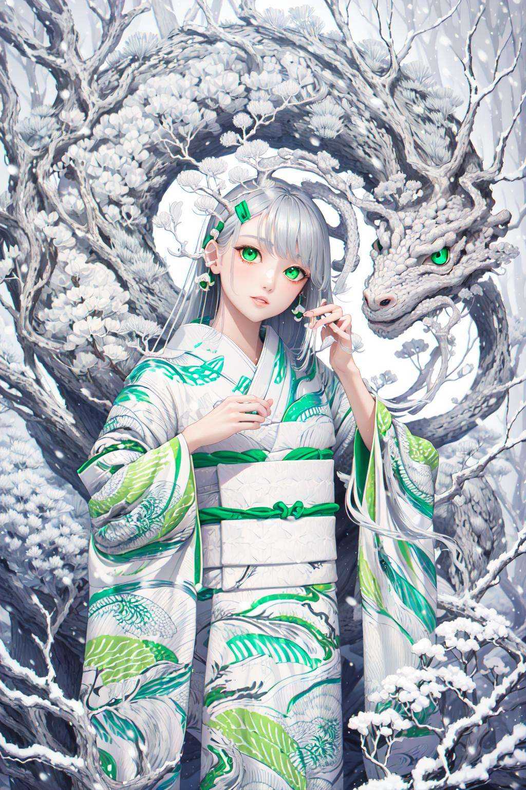 -1girl, kimono, japanese clothes, green eyes, hair ornament, obi, sash, looking at viewer, solo, tree, long hair, white theme, white kimono, dragon, eastern dragon, parted lips, snake, long sleeves, white hair, snow, bangs, head tilt, pine tree, snowing, branch, wide sleeves, hairclip, print kimono, grey hair,White hell,<lora:White hell-000018:0.9>,