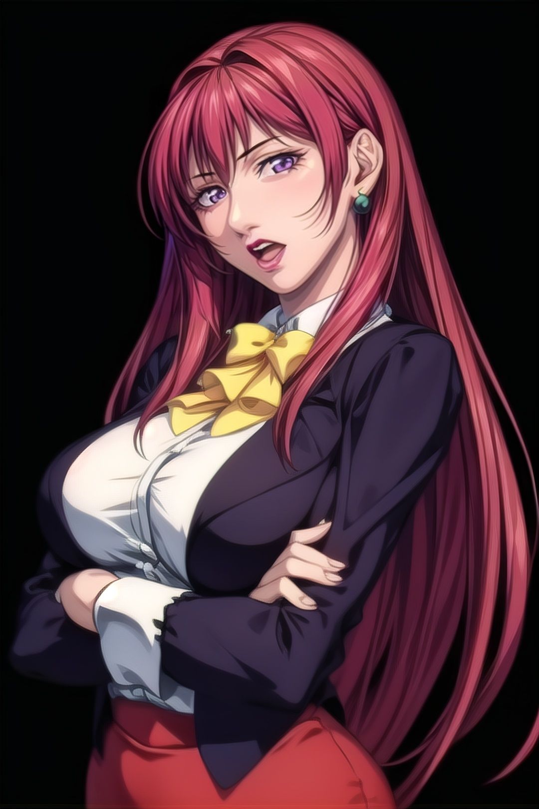 yuanshen,1girl,solo,earrings,jewelry,long hair,lipstick,red hair,crossed arms,makeup,breasts,large breasts,black background,formal,skirt,bow,blue eyes,open mouth,simple background,suit,purple eyes,looking at viewer,<lora:add_detail:0.5>,<lora:epiNoiseoffset_v2:0.5>,<lora:EnvyBetterHands LoCon_beta2:1>,perfect hands,<lora:高城宽子1:0.8>,