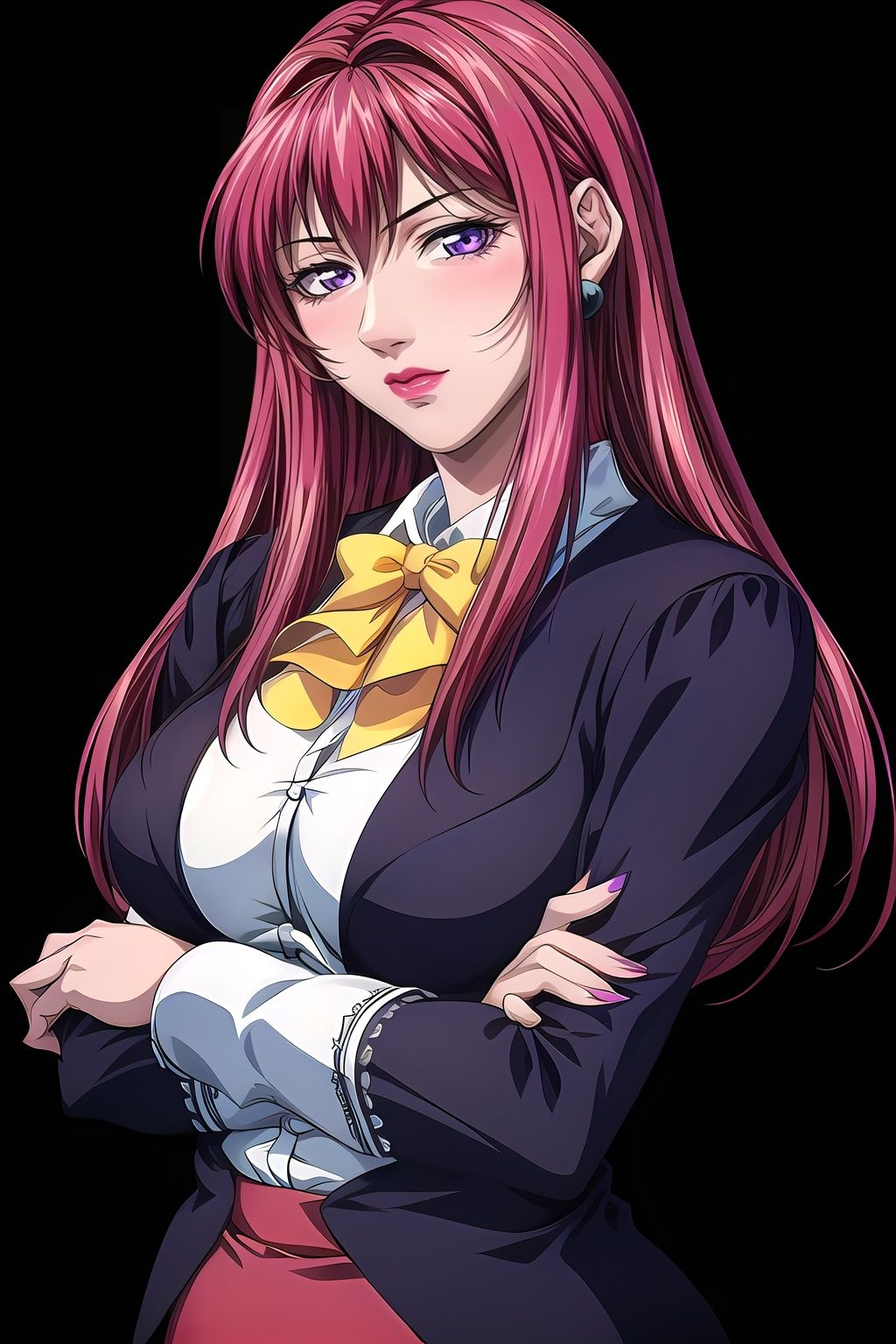 yuanshen,1girl,solo,earrings,jewelry,long hair,lipstick,red hair,crossed arms,makeup,breasts,large breasts,black background,formal,skirt,bow,blue eyes,simple background,suit,purple eyes,looking at viewer,