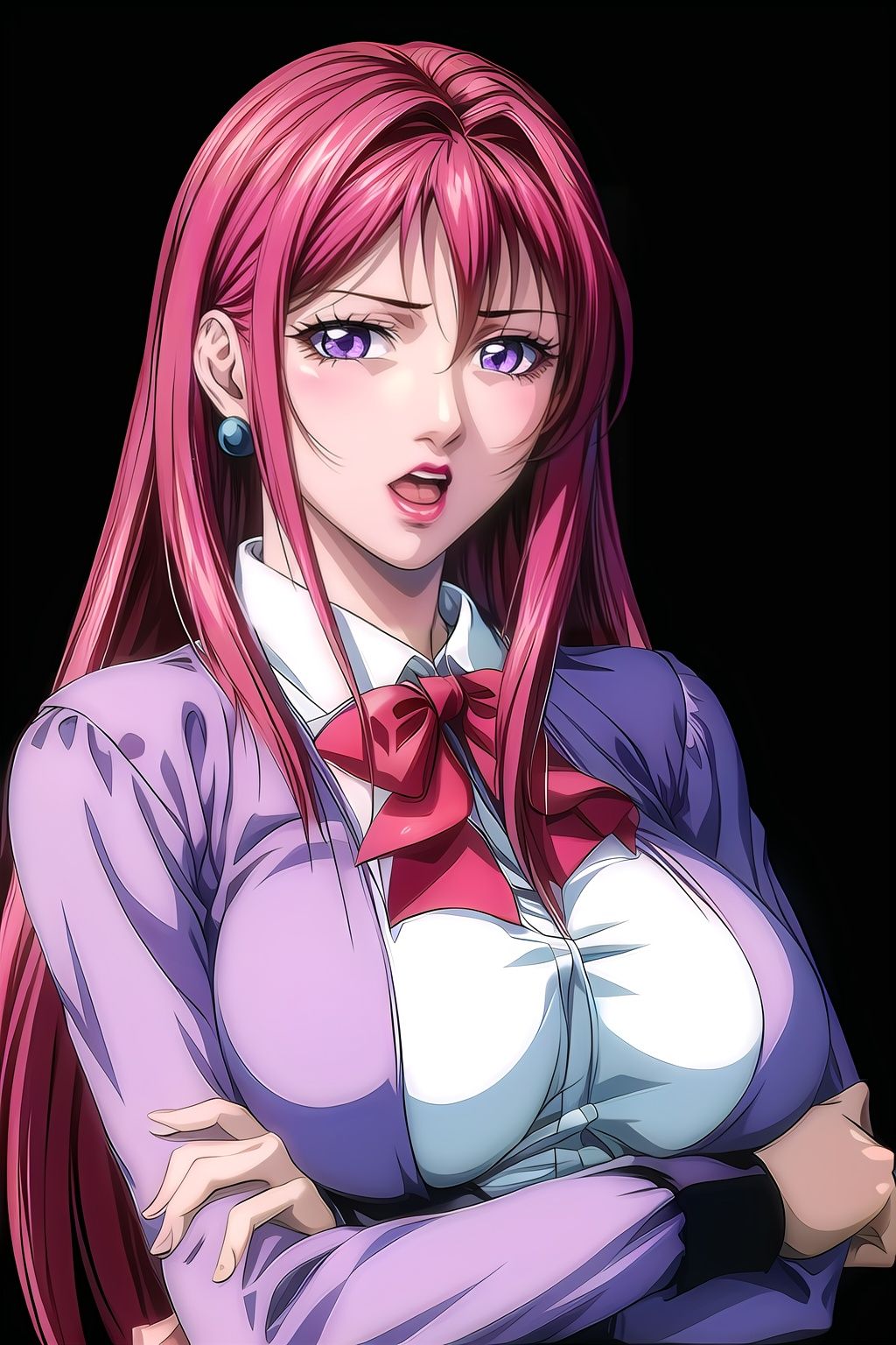 yuanshen,1girl,solo,earrings,jewelry,long hair,lipstick,red hair,crossed arms,makeup,breasts,large breasts,black background,formal,skirt,bow,blue eyes,open mouth,simple background,suit,purple eyes,looking at viewer,