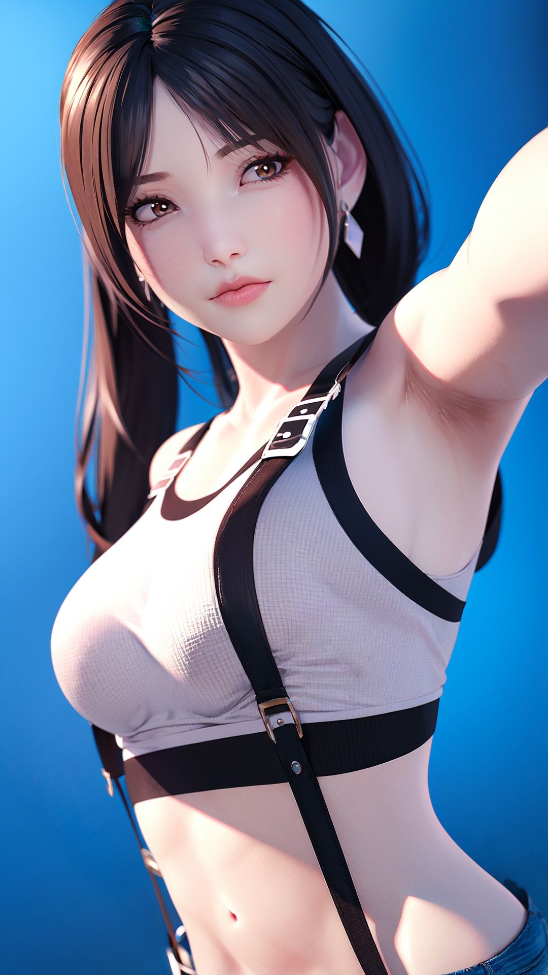  realistic,octane render,3D CG,Sharpening, clarity,1girl,1girl, tifa lockhart, solo, long hair, earrings, jewelry, crop top, suspenders, black hair, breasts, looking at viewer, upper body, white **** top, **** top, bangs, midriff, brown eyes, gloves, bare shoulders, shirt, elbow gloves, sleeveless, blue background