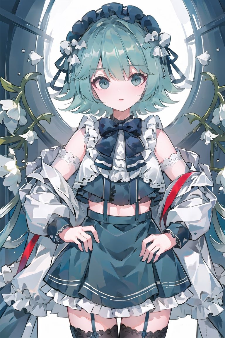  (crop top, jacket, fishnet thighhighs, collar,)1girl, solo,short hair, bow, blue bow, hair ornament,Aqua green hair,hand on hip, red lips, parted lips,night,makeup, best quality, high resolution illustration, Amazing, highres, intricate detail, best illumination, best shadow, an extremely delicate and beautiful, looking at viewer,city, road, street, crosswalk,
