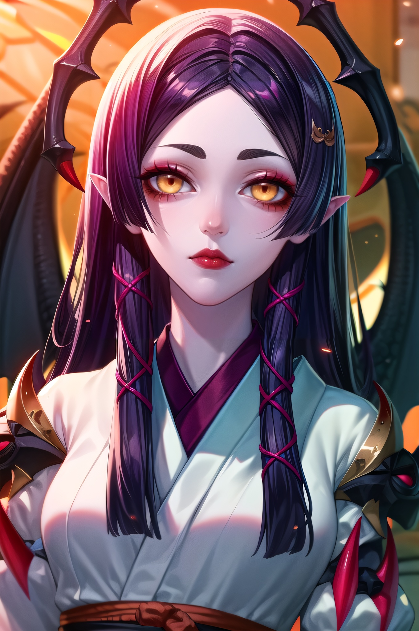 yuanshen,1girl,solo,wings,sharp fingernails,long hair,yellow eyes,fingernails,japanese clothes,pointy ears,long fingernails,black hair,white background,kimono,colored sclera,sash,looking at viewer,wide sleeves,bat wings,slit pupils,hair ribbon,obi,claws,very long hair,ribbon,makeup,demon wings,black sclera,long sleeves,scarlet_moon,rubble_ruins,grave,night,lying in a pool of blood,, nice hands,  perfect balance, looking at viewer, closed mouth, (Light_Smile:0.3), official art, extremely detailed CG unity 8k wallpaper, perfect lighting, Colorful, Bright_Front_face_Lighting, White skin, (masterpiece:1), (best_quality:1), ultra high res, 4K, ultra-detailed, photography, 8K, HDR, highres, absurdres:1.2, Kodak portra 400, film grain, blurry background, bokeh:1.2, lens flare, (vibrant_color:1.2), professional photograph, (narrow_waist),