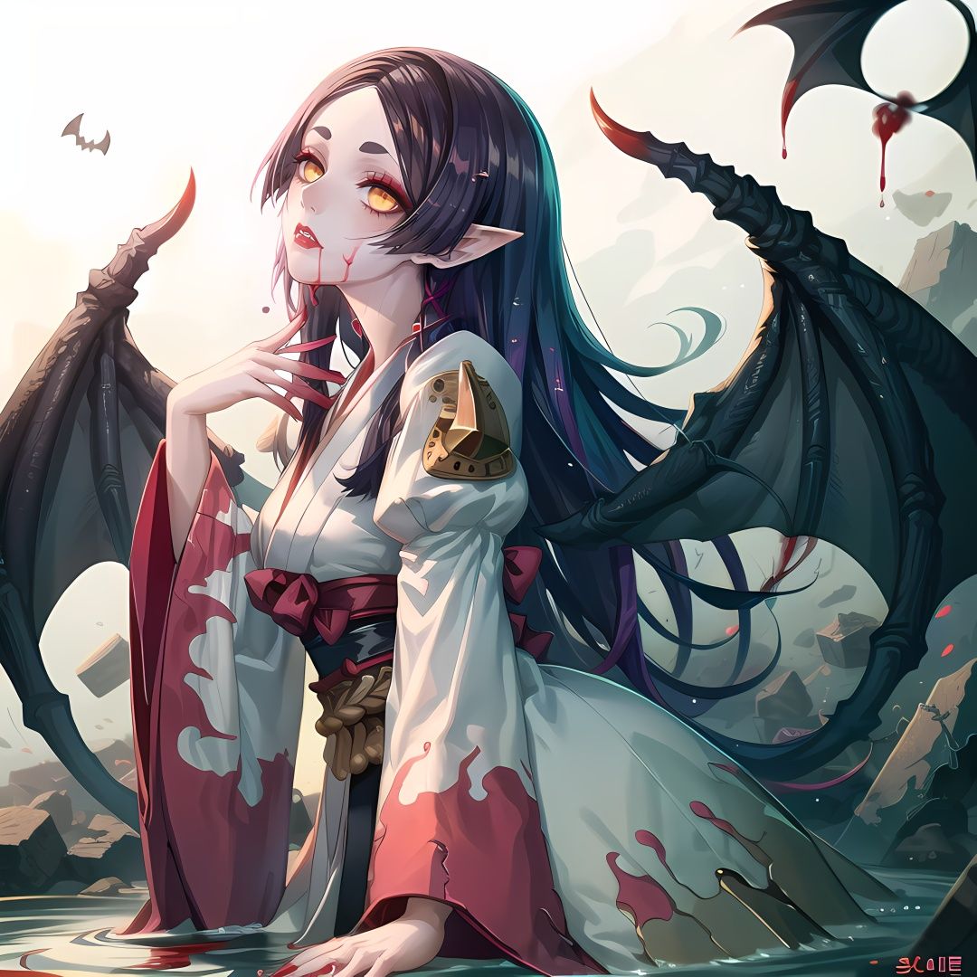 yuanshen,1girl,solo,wings,sharp fingernails,long hair,yellow eyes,fingernails,japanese clothes,pointy ears,long fingernails,black hair,white background,kimono,colored sclera,sash,looking at viewer,wide sleeves,bat wings,slit pupils,hair ribbon,obi,claws,very long hair,ribbon,makeup,demon wings,black sclera,long sleeves,<lora:add_detail:0.5>,<lora:epiNoiseoffset_v2:0.5>,<lora:EnvyBetterHands LoCon_beta2:1>,perfect hands,<lora:吸血姬1:0.8>,scarlet_moon,rubble_ruins,grave,night,lying in a pool of blood,lying,lying in blood,on side,