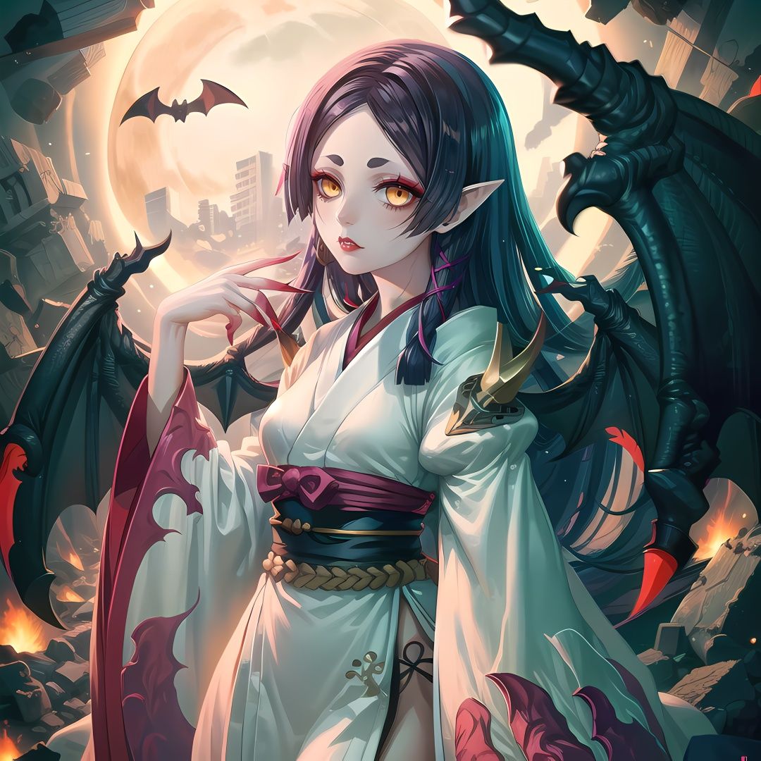 yuanshen,1girl,solo,wings,sharp fingernails,long hair,yellow eyes,fingernails,japanese clothes,pointy ears,long fingernails,black hair,white background,kimono,colored sclera,sash,looking at viewer,wide sleeves,bat wings,slit pupils,hair ribbon,obi,claws,very long hair,ribbon,makeup,demon wings,black sclera,long sleeves,<lora:add_detail:0.5>,<lora:epiNoiseoffset_v2:0.5>,<lora:EnvyBetterHands LoCon_beta2:1>,perfect hands,<lora:吸血姬1:0.8>,scarlet_moon,rubble_ruins,grave,night,