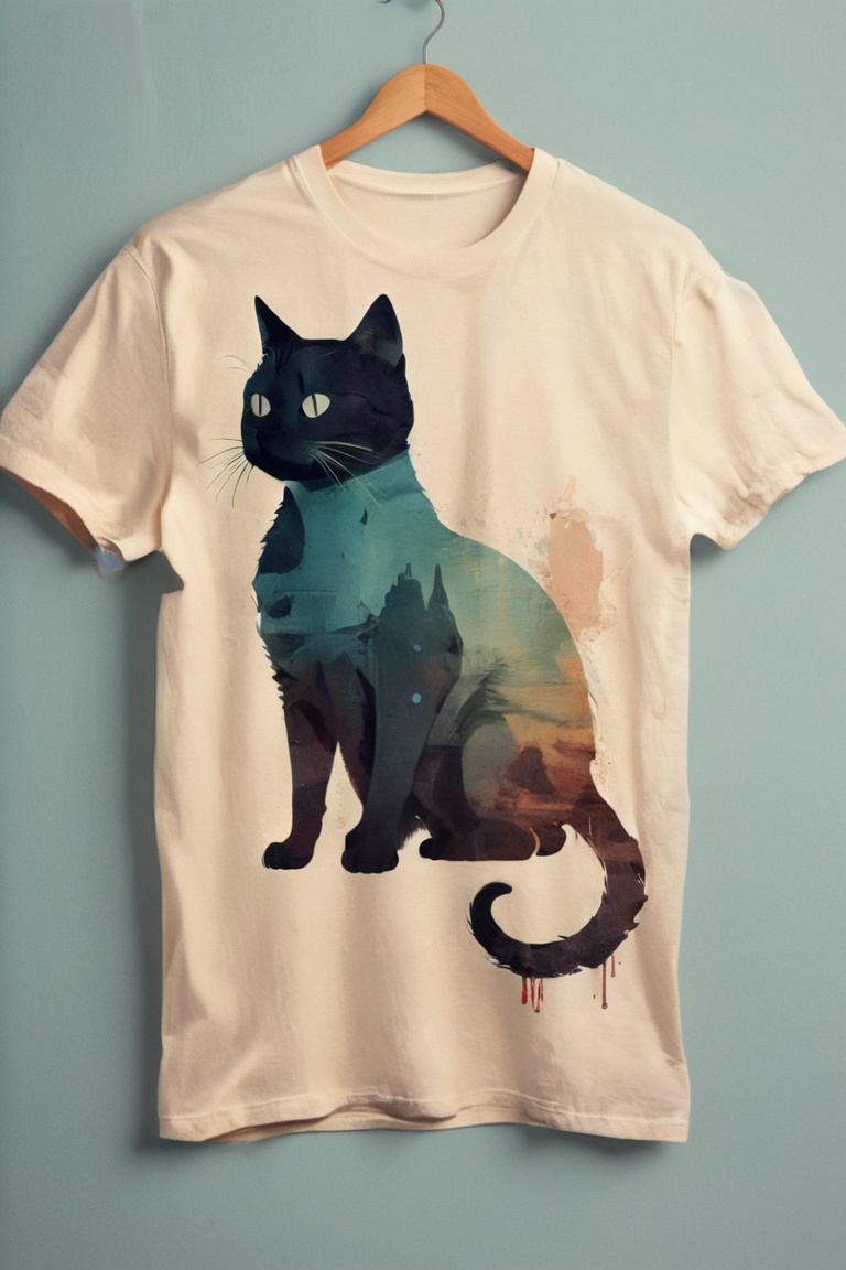 A minimalist,  t-shirt design with a vintage twist,  featuring a sleek and stylized cat silhouette against a faded on Tens...