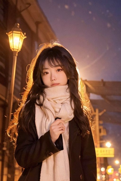 a girl, brown wavy long curly hair, beautiful and detailed eyes, scarf, sweater, winter, snowing, standing under the street lamp, upper body, night, night, backlighting,kamisama,<lora:kamisama_20231114161059-000006:0.7>,