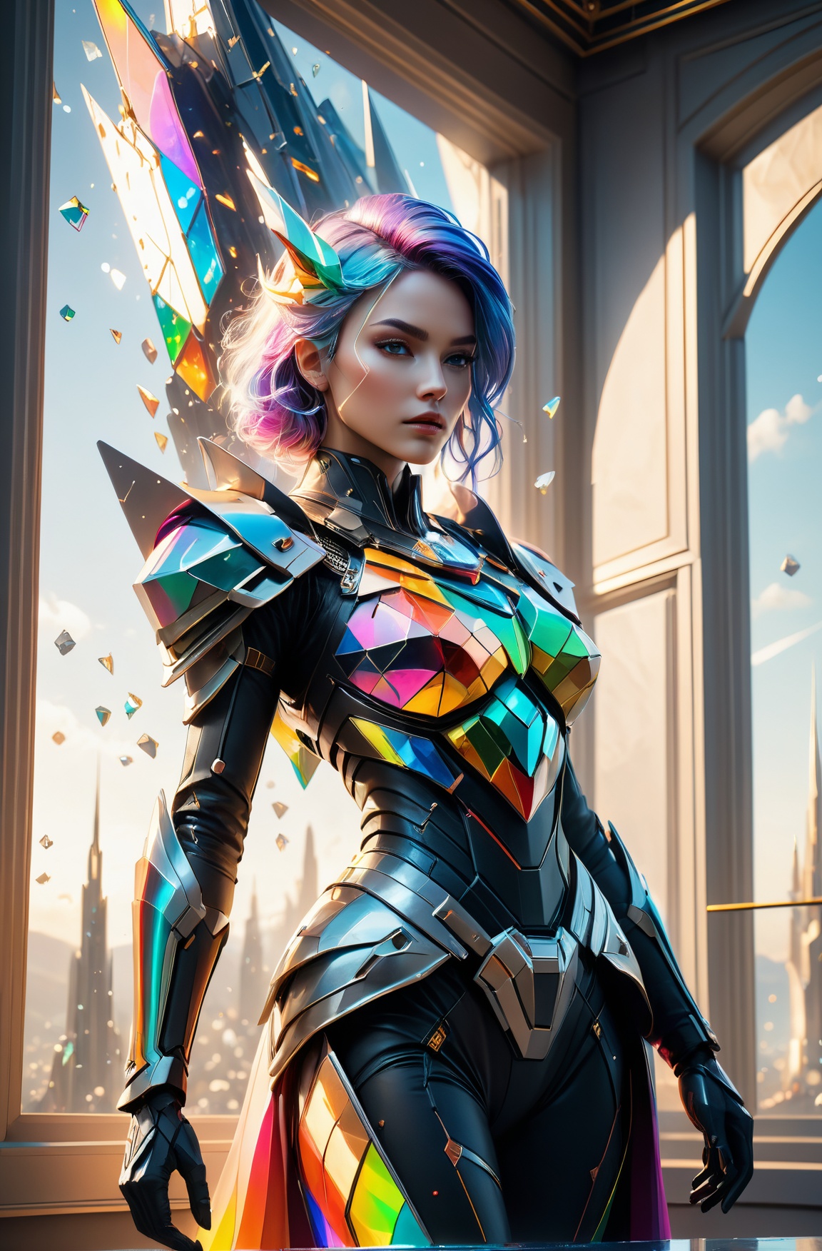 highly detailed photo of 8k ultra realistic corrupted rainbow humanoid queen standing next to a spaceship window overlooki...