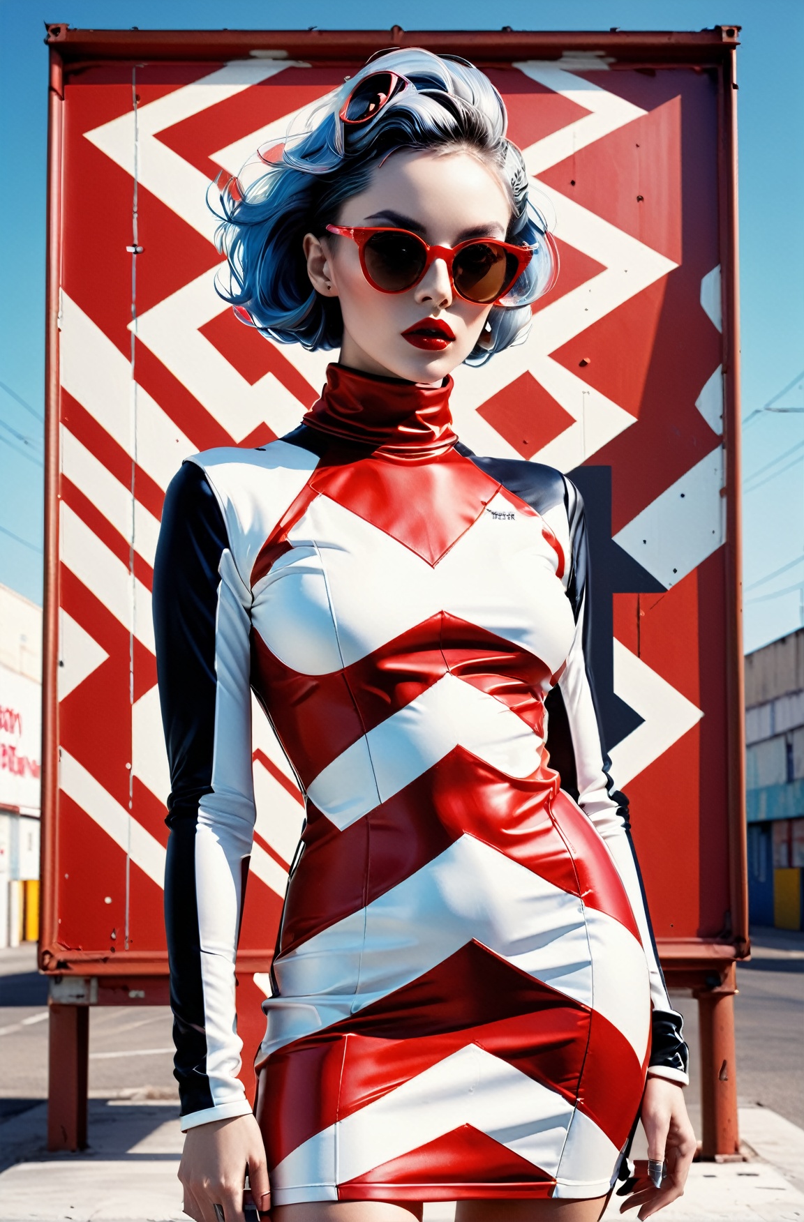 front profile full body Photography,  in font of a rusty billboard,  a hip hop 80's British model woman with 50's haircut...