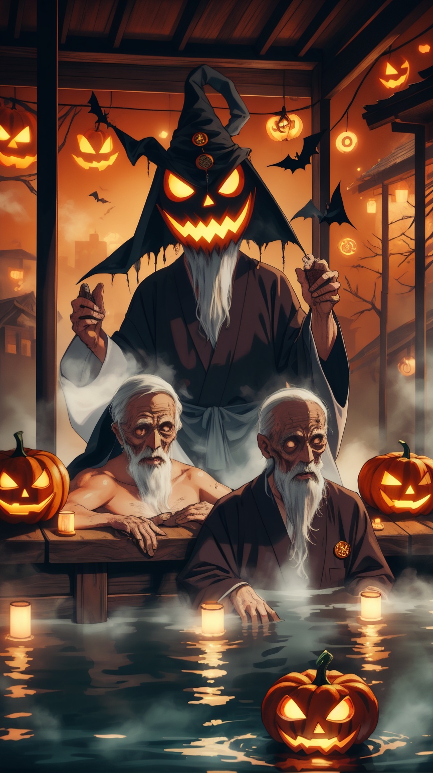 halloweentech hwghostly halloweenglowstyle a group of elderly men from Japan partaking in a traditional public bath (onsen...