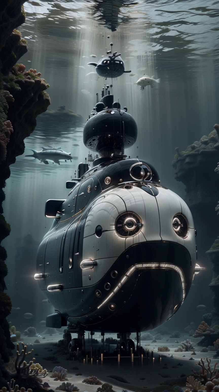 P14n03l3g4nt3b0n3 a cybernetic submarine exploring an underwater crevice,  illuminated by bioluminescent creatures,  shiny...