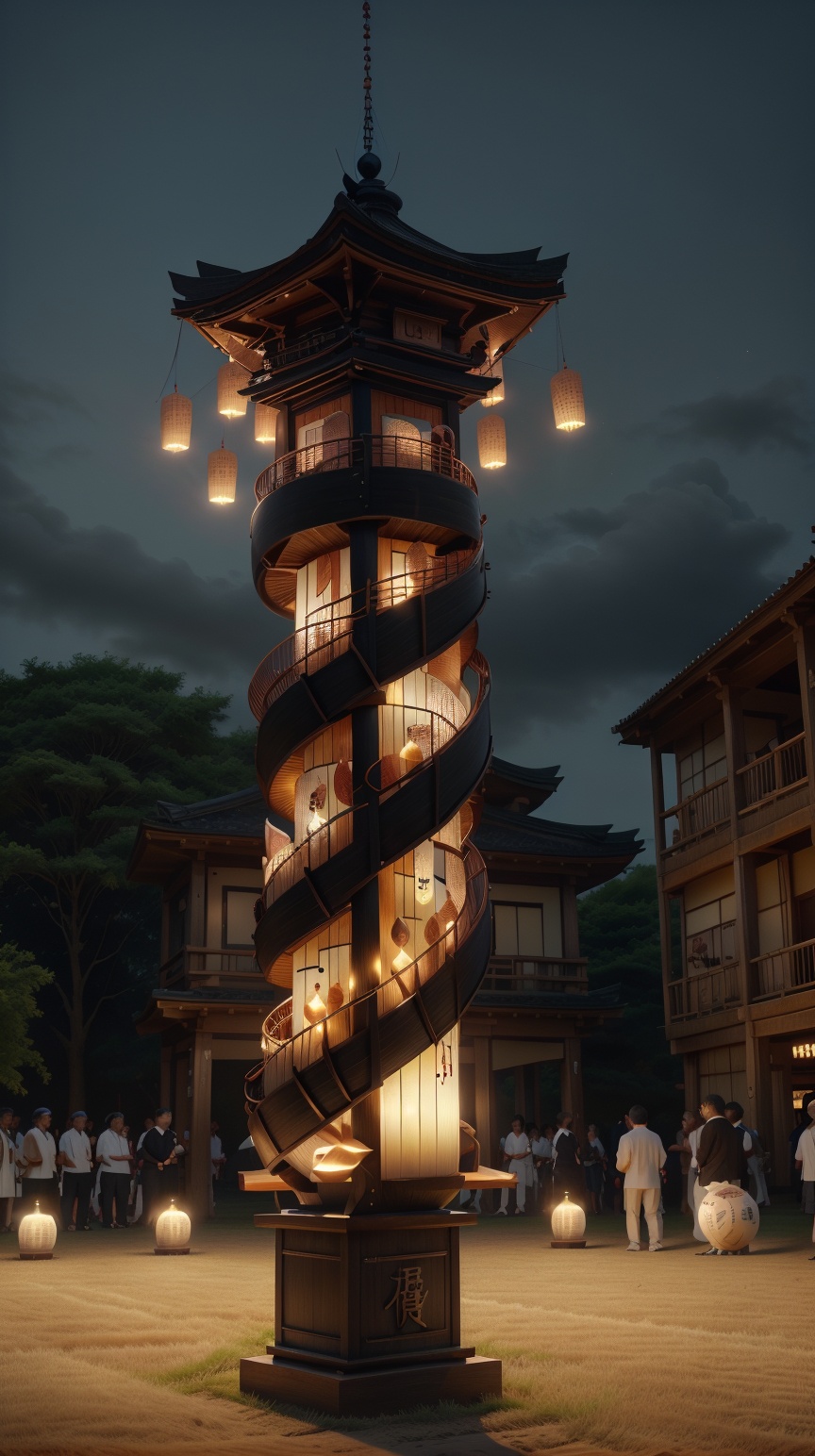 P14n03l3g4nt3b0n3 glowing lanterns spiralling into the sky during obon festival in japan,  shiny ebony and ivory on Tensor...
