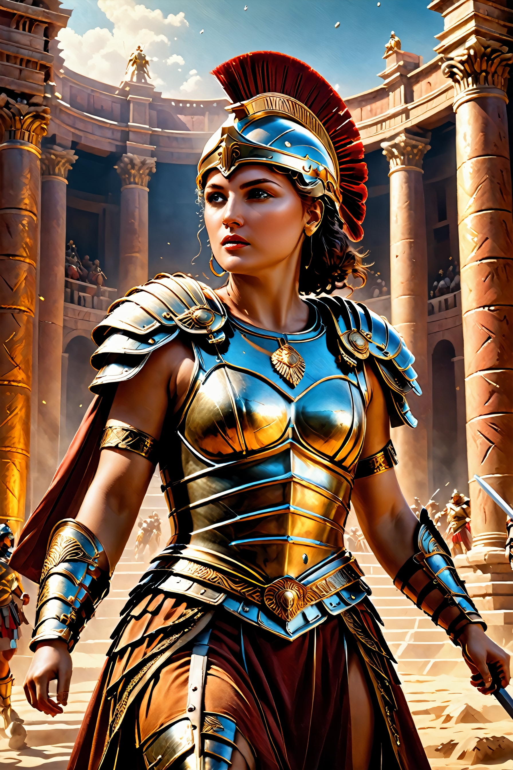 Baroque painting (Baroque painting), a vision of beauty graces the arena—an enchanting female gladiator. Clad in ornate armor that accentuates her grace, she stands with poise and strength, capturing the attention of the mesmerized spectators. Her gaze, a blend of determination and allure, adds an unexpected touch of elegance to the formidable setting. The crowd, momentarily entranced, bears witness to a different facet of strength and beauty in the world of gladiatorial combat, sharp textures, nikolay georgiev, alex ross, bruce pennington, donato giancola, larry elmore, masterpiece, oils on canvas, trending on artstation, featured on pixiv, cinematic composition, sharp, details, hyper - detailed, hd, hdr, 4 k, 8 k,Renaissance Sci-Fi Fantasy,DonMC3l3st14l3xpl0r3rsXL,more detail XL,High Renaissance,Sci-Fi