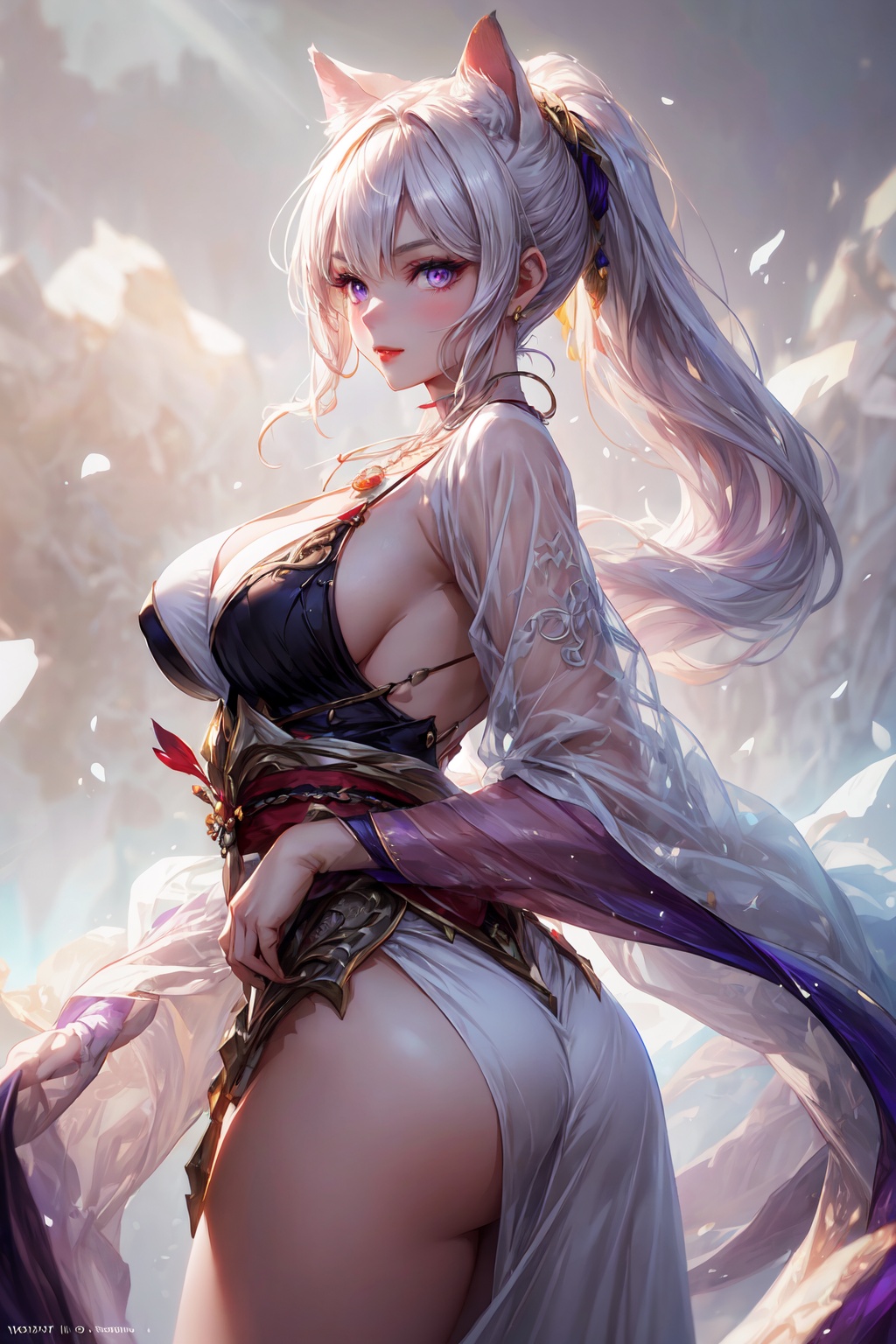 ethereal fantasy concept art of 1 beautiful girl in Han costume,  thin purple silk shirt with white color with many textur...