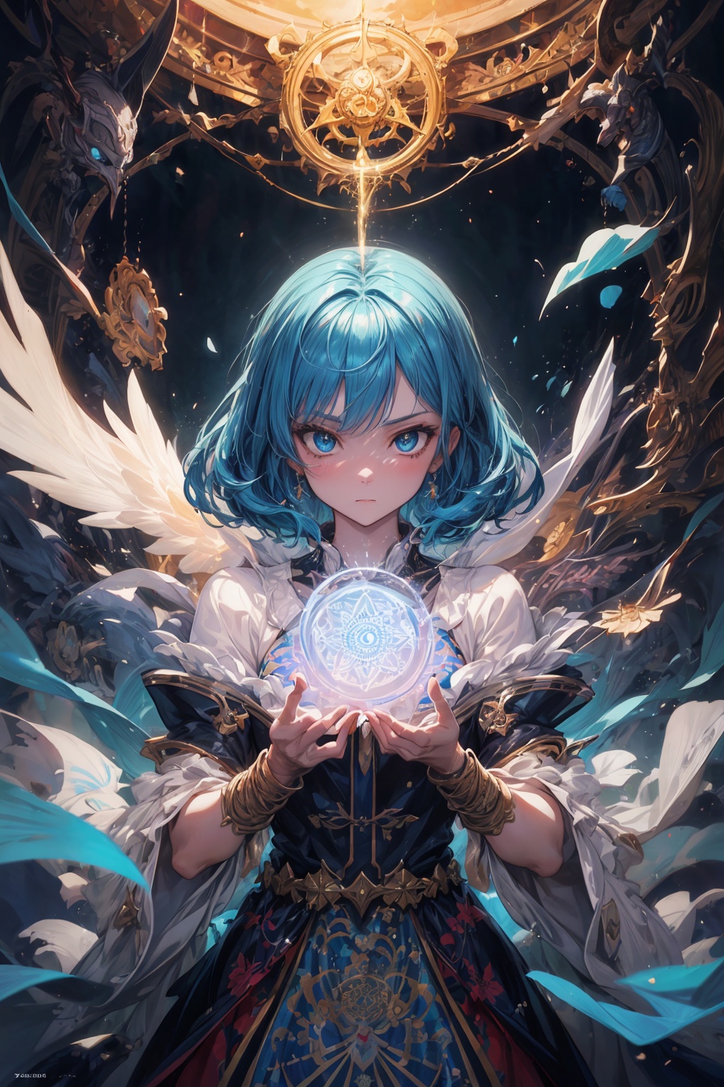cinematic film still ethereal fantasy concept art of anime artwork a woman with blue hair wearing a colorful outfit and a...