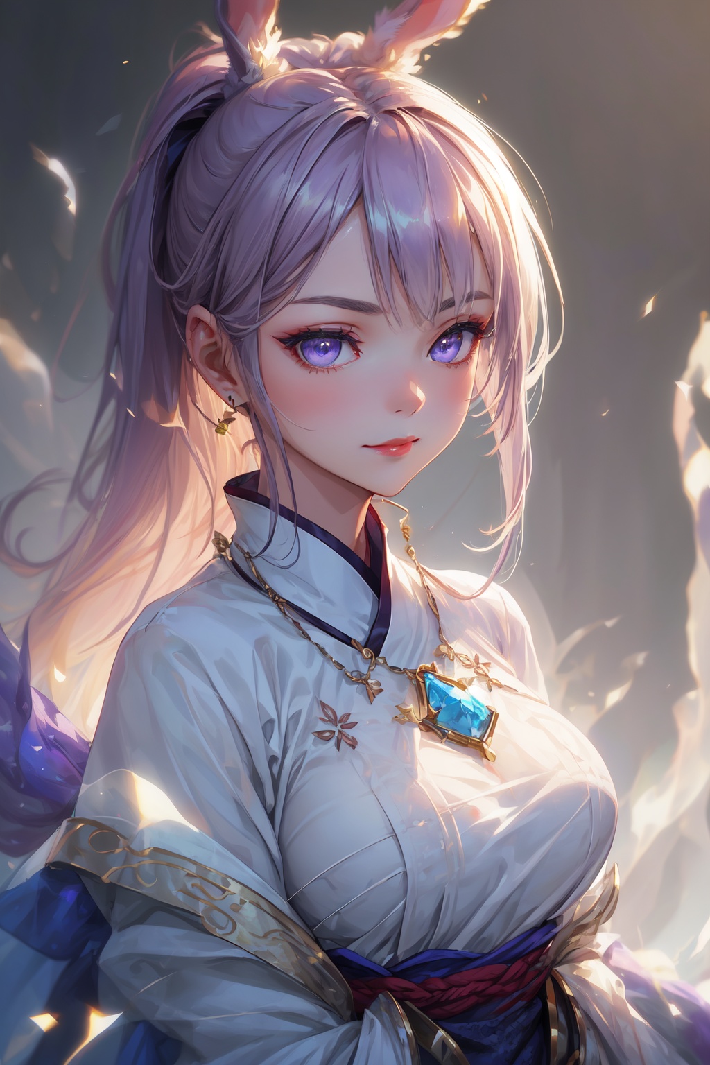 1 beautiful girl in Han costume,  thin purple silk shirt with white color with many textures,  white lace top on Tensor.Art