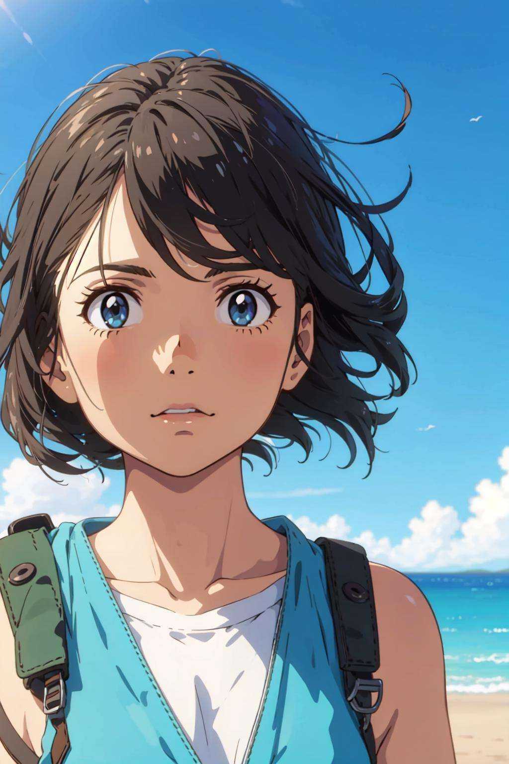 outdoors,blue sky,<lora:zcShinkai-000012:0.7>,1girl,solo,zcshinkai\(\style\),, (masterpiece, best quality, ultra-detailed),