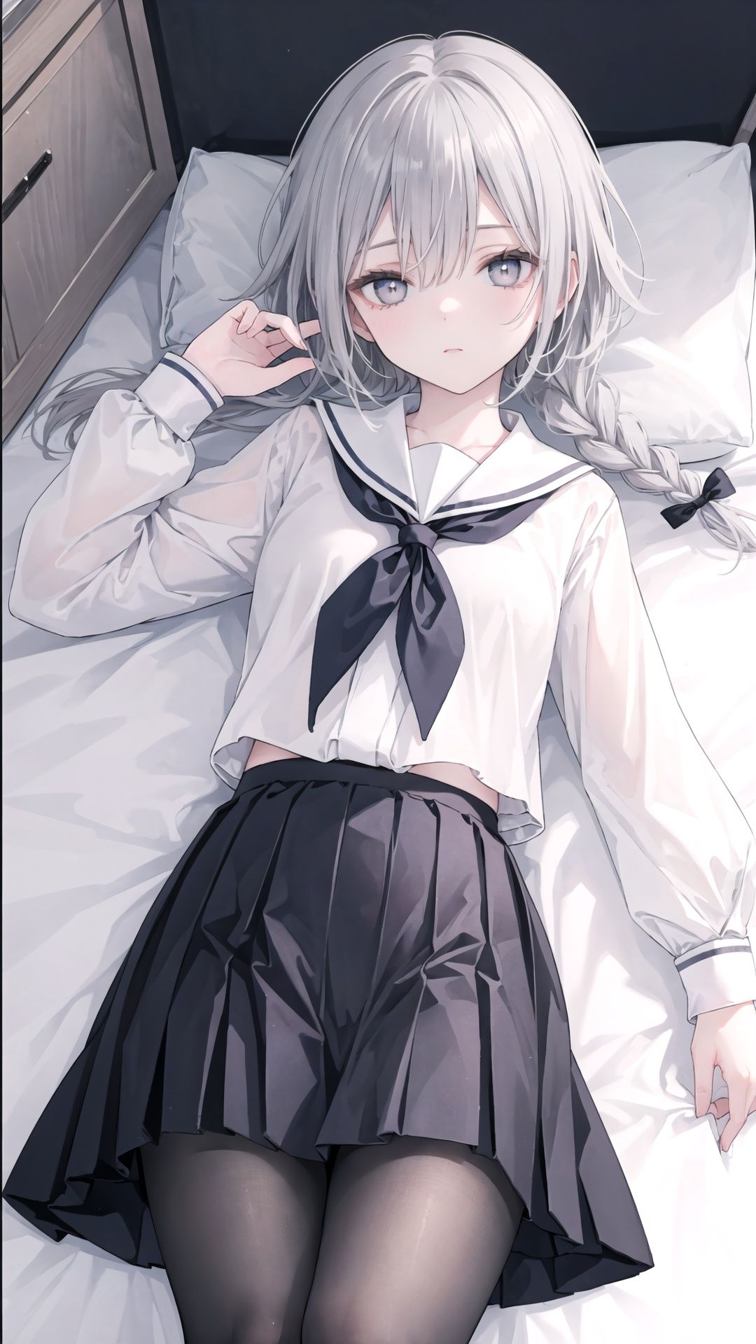 ((masterpiece)),(((best quality))),(ultra-detailed),(best illustration),(best illumination, best shadow),((an extremely delicate and beautiful)),dynamic angle,floating,(Short focal length)(Long object distance)(back depth of field),


chowbie_jue,bangs,black_bow,black_pantyhose,black_skirt,blurry,blurry_background,bow,braid,brown_eyes,grey_hair,
hair_between_eyes,hair_bow,hand_up,highres,legs,

long_hair,long_sleeves,looking_at_viewer,original,black background,pantyhose,
pleated_skirt,puffy_long_sleeves,puffy_sleeves,sailor_collar,shirt,skirt,solo,standing,white_sailor_collar,white_shirt,

solo,messy room,loaded interior,bedroom,(((otaku room))),(computer)

wide shot,(lying on back:1.3), Herb Ritts,cowboy shot,fisheye

(cum:1.3),
