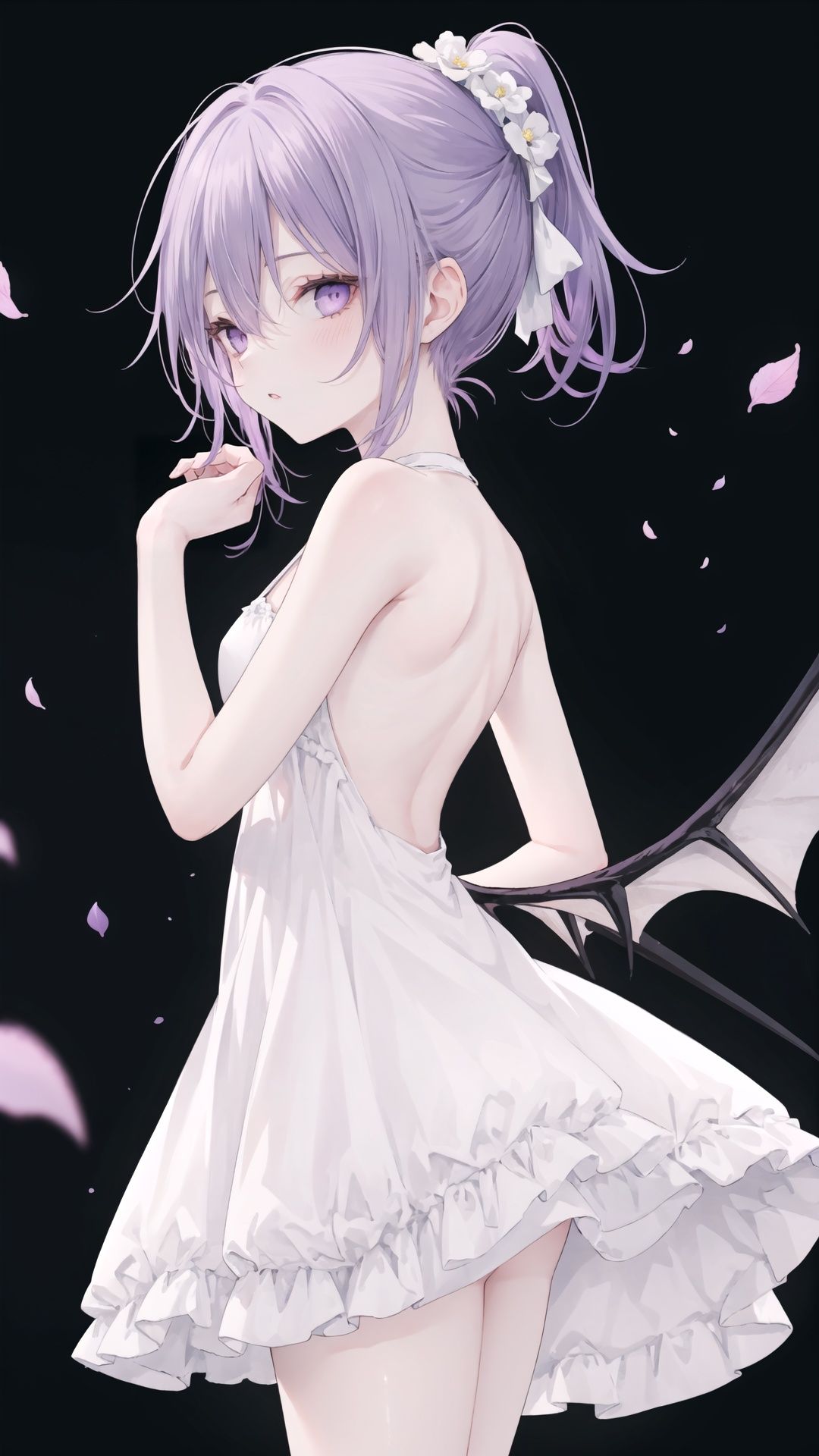 1girl, solo, wings, long hair, dress, white dress, very long hair, purple eyes, flower, petals, bare shoulders, ponytail, demon wings, bangs, looking at viewer, hands up, white flower, backless outfit, backless dress, bare arms, breasts, small breasts, hair between eyes, low wings, bat wings, parted lips, closed mouth, purple hair, high ponytail, head wings, black background, looking to the side, floating object, blush