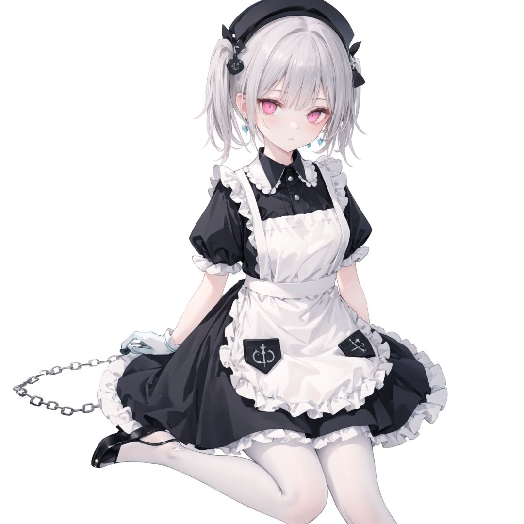 1girl, solo, short sleeves, heterochromia, twintails, white gloves, white pantyhose, white background, dress, chain, pantyhose, hair ornament, gloves, looking at viewer, black dress, puffy sleeves, grey hair, breasts, puffy short sleeves, hat, bangs, ear piercing, collar, piercing, apron, simple background, sitting, syringe, frills, pink eyes, earrings