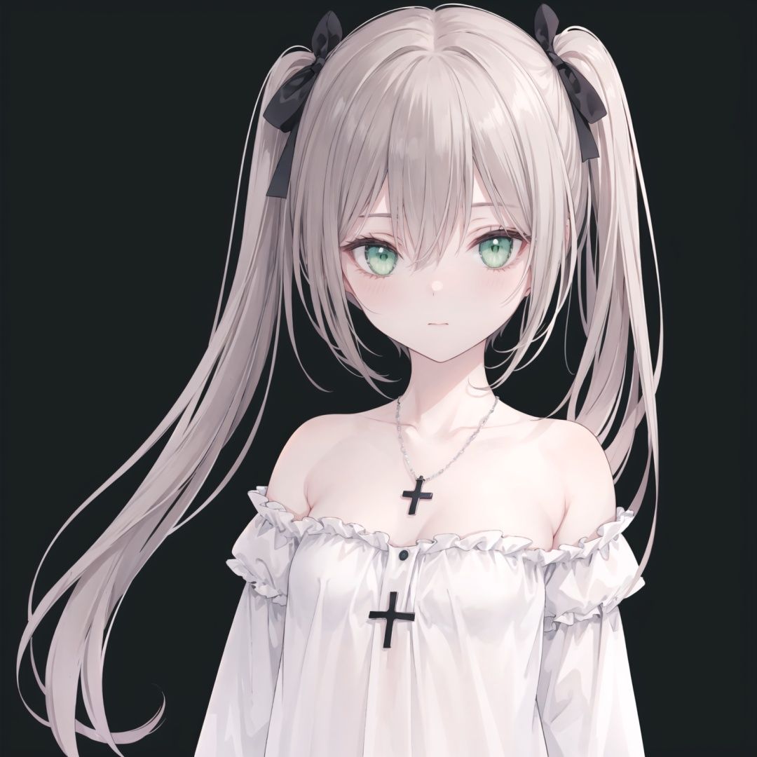 (black background), best quality,official art,extremely detailed CG unity 8k wallpaper, 1girl, solo, long hair,brown hair,green eyes, collarbone, off shoulder, upper body, bangs, bare shoulders, hair between eyes, closed mouth, flat chest,twintails , collared shirt, long sleeves, cross necklace, ribbon,