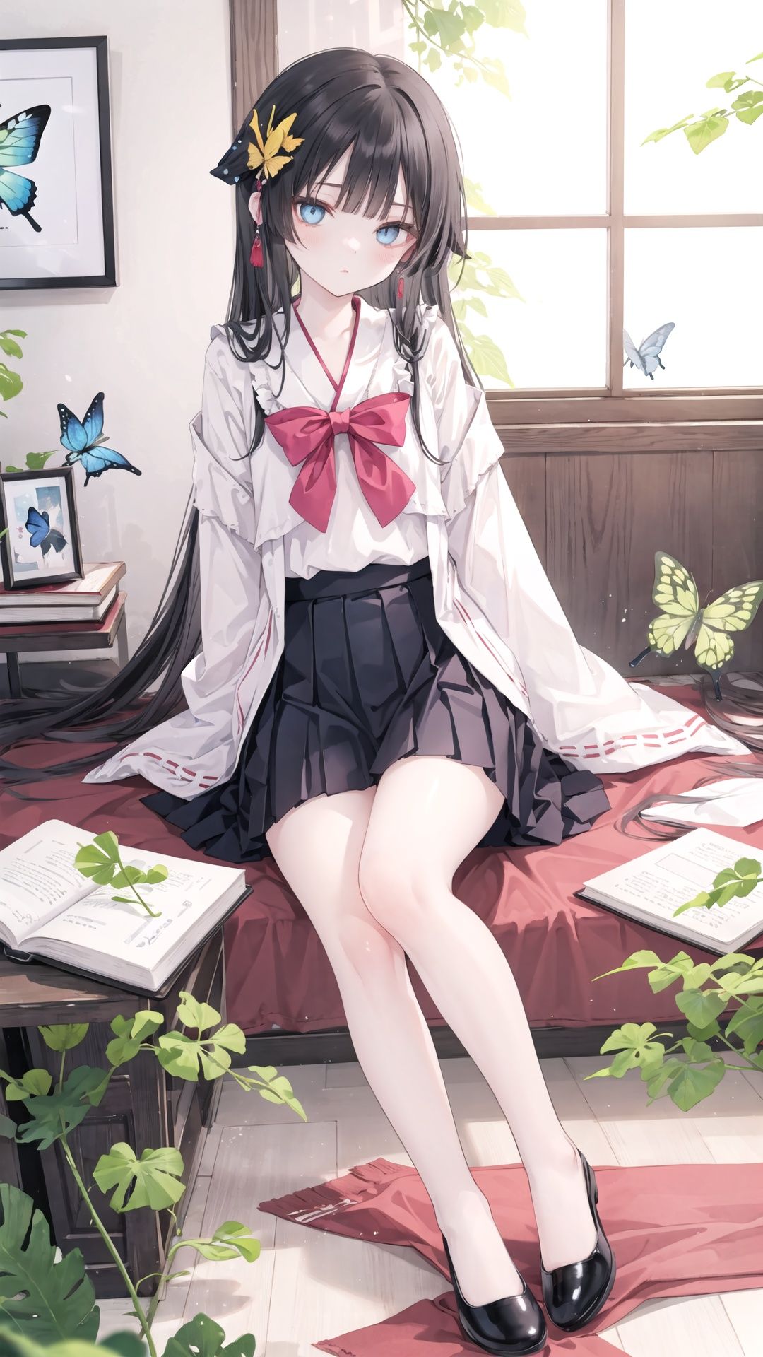 (((houraisan kaguya))), blue_butterfly, butterfly, butterfly_hair_ornament, glowing_butterfly, origami, paper_crane, 1girl, long_hair, book, black_hair, skirt, paper_airplane, solo, book_stack, very_long_hair, black_skirt, bookmark, ginkgo_leaf, blue_bow, shoes, picture_frame, pleated_skirt, ,flying,