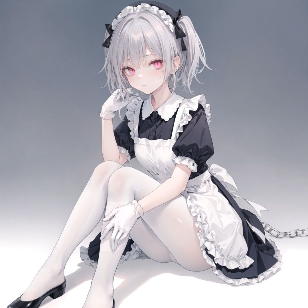 1girl, solo, short sleeves, heterochromia, twintails, white gloves, white pantyhose, white background, dress, chain, pantyhose, hair ornament, gloves, looking at viewer, black dress, puffy sleeves, grey hair, breasts, puffy short sleeves, hat, bangs, ear piercing, collar, piercing, apron, simple background, sitting, syringe, frills, pink eyes, earrings