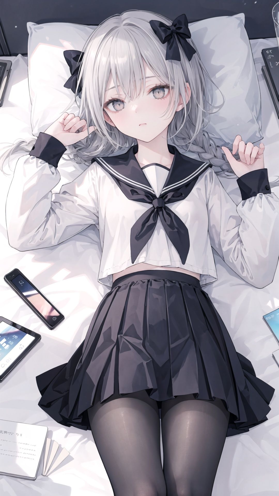 ((masterpiece)),(((best quality))),(ultra-detailed),(best illustration),(best illumination, best shadow),((an extremely delicate and beautiful)),dynamic angle,floating,(Short focal length)(Long object distance)(back depth of field),


chowbie_jue,bangs,black_bow,black_pantyhose,black_skirt,blurry,blurry_background,bow,braid,brown_eyes,grey_hair,
hair_between_eyes,hair_bow,hand_up,highres,legs,

long_hair,long_sleeves,looking_at_viewer,original,black background,pantyhose,
pleated_skirt,puffy_long_sleeves,puffy_sleeves,sailor_collar,shirt,skirt,solo,standing,white_sailor_collar,white_shirt,

solo,messy room,loaded interior,bedroom,(((otaku room))),(computer)

wide shot,(lying on back:1.3), Herb Ritts,cowboy shot,fisheye

(cum:1.3),