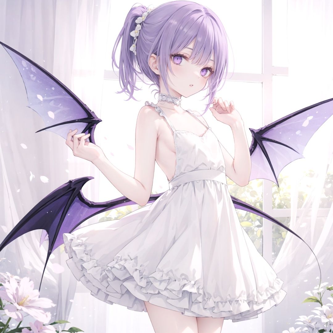 1girl, dress, solo, white dress, long hair, purple eyes, wings, looking at viewer, backless dress, bare shoulders, ponytail, very long hair, flower, bare arms, bangs, demon wings, hands up, breasts, backless outfit, sleeveless dress, petals, small breasts, parted lips, sleeveless, purple hair, choker, white choker, head wings