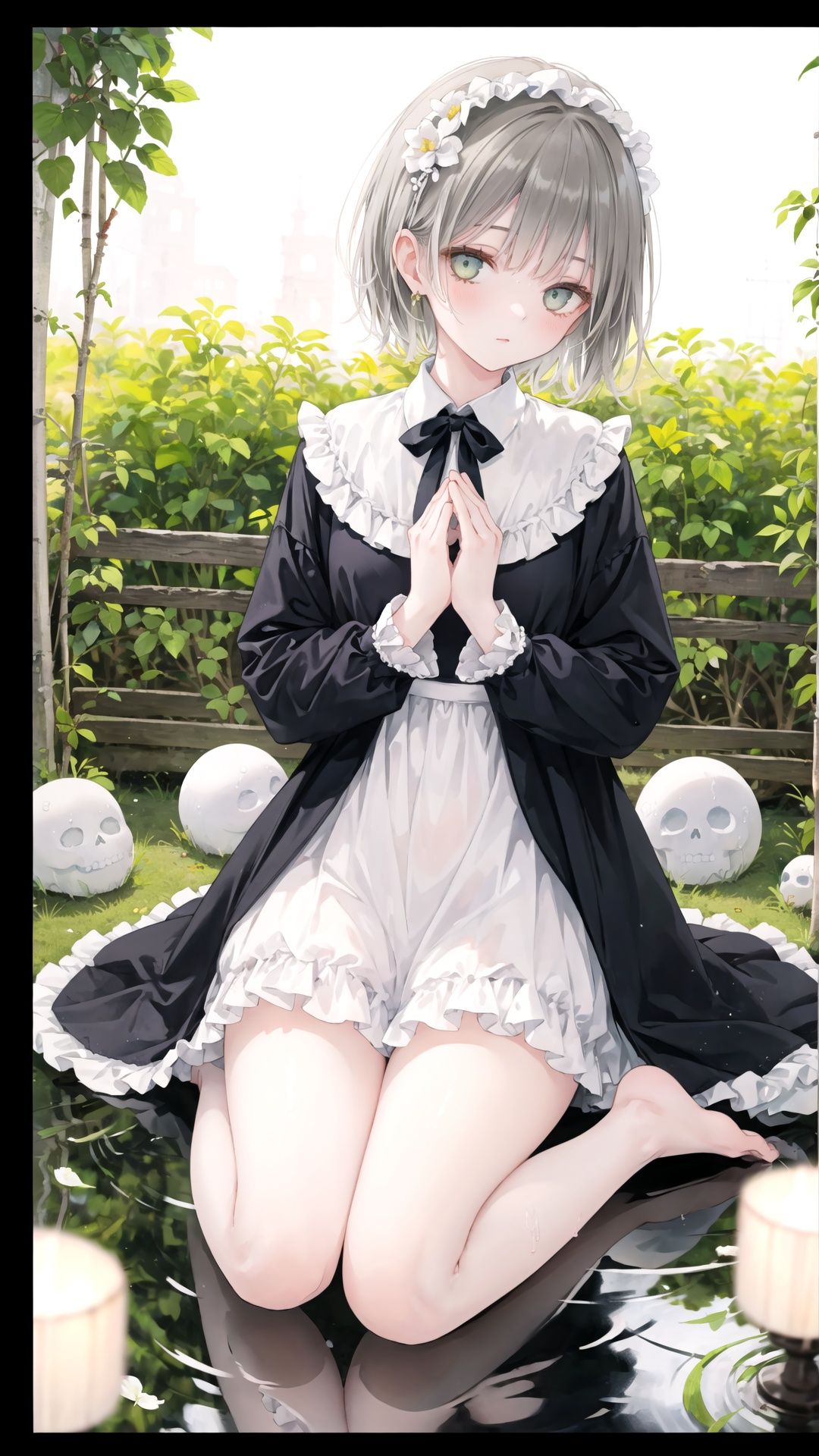 masterpiece,best quality,light,
1girl,lolita,flower,border,osmanthus,vintage dress \(module\),handshake,praying,
garden,flower,spring,
(Oil highlights:1.5)[wet with oil:0.3],reflection,
dia de muertos theme,
,,