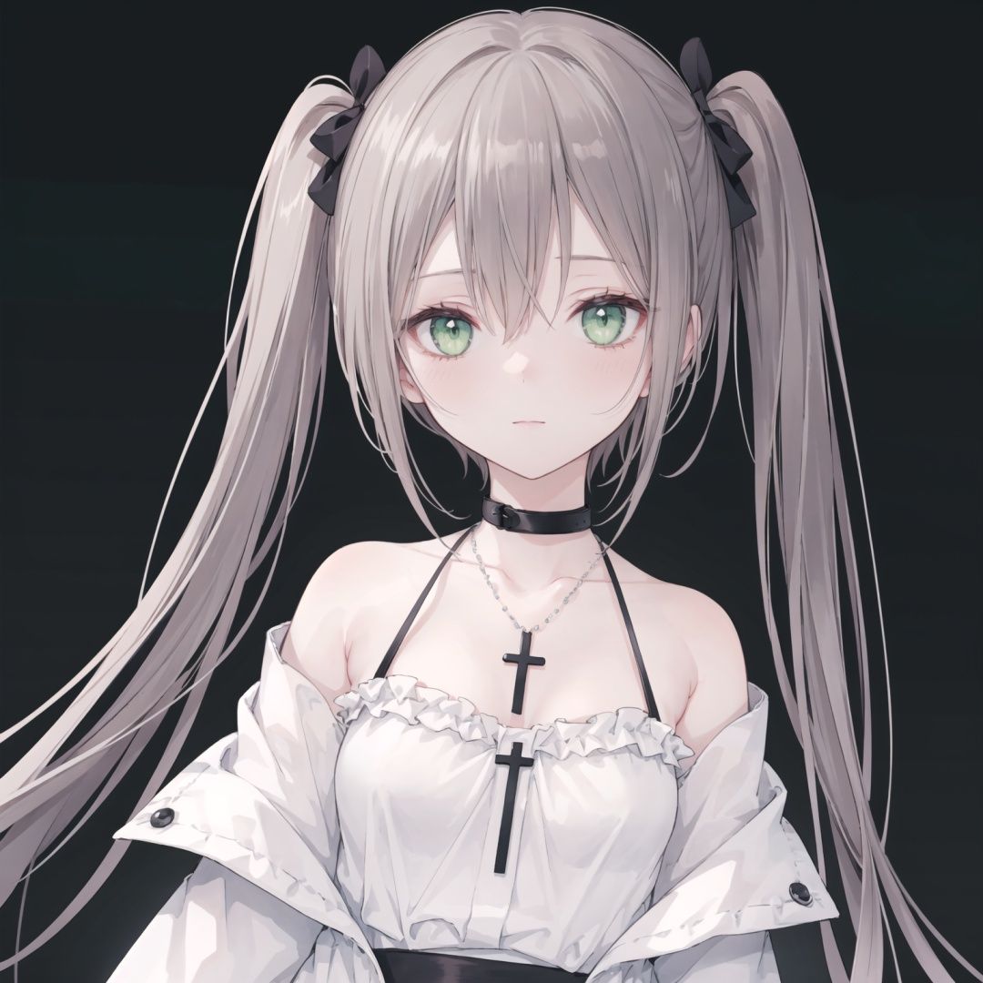 (black background), best quality,official art,extremely detailed CG unity 8k wallpaper, 1girl, solo, long hair,brown hair,green eyes, collarbone, off shoulder, upper body, bangs, bare shoulders, hair between eyes, closed mouth, flat chest,twintails , collared shirt, long sleeves, cross necklace, ribbon,
