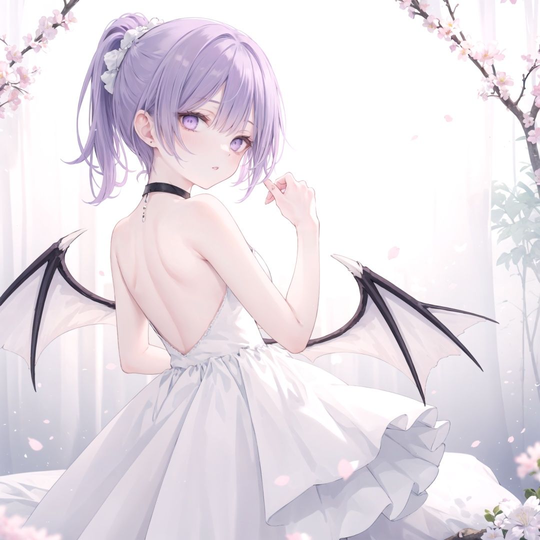 1girl, dress, solo, white dress, long hair, purple eyes, wings, looking at viewer, backless dress, bare shoulders, ponytail, very long hair, flower, bare arms, bangs, demon wings, hands up, breasts, backless outfit, sleeveless dress, petals, small breasts, parted lips, sleeveless, purple hair, choker, white choker, head wings