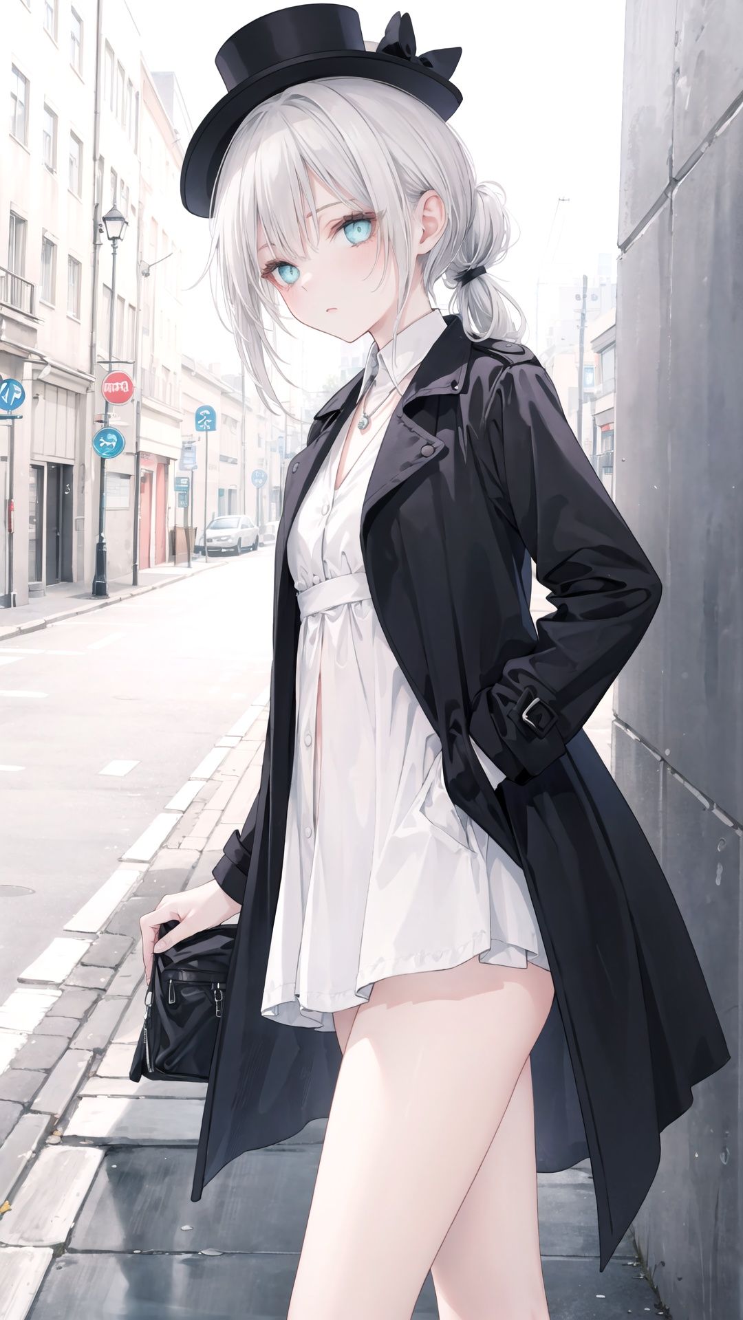 (masterpiece), (best quality), highly detailed,ultra-detailed,(extremely detailed CG unity 8k wallpaper),incredibly absurdres,(official art),colorful,(Line optimization),
Extremely exquisite female facial description, extremely delicate and beautiful eyes,
(1lady:1.6),(solo),looking at viewer,(lying:1.2),(from side:1.2),
(extremely delicate and beautiful female face),(beautiful detailed eyes),extremely delicate and beautiful girl,aqua eyes,
(long trench coat:1.1),(Black trench coat:1.1),necklace,Tilted frisette,shirt,,(hands in pockets,),
(standing:1.1),blank stare,(white hair:1.2), (long hair:1.1),poker face,Hair accessories,(Super long ponytail,),
(street background:1.1), sunlight slant down,(Extremely delicate background),(top hat)
, , , 
