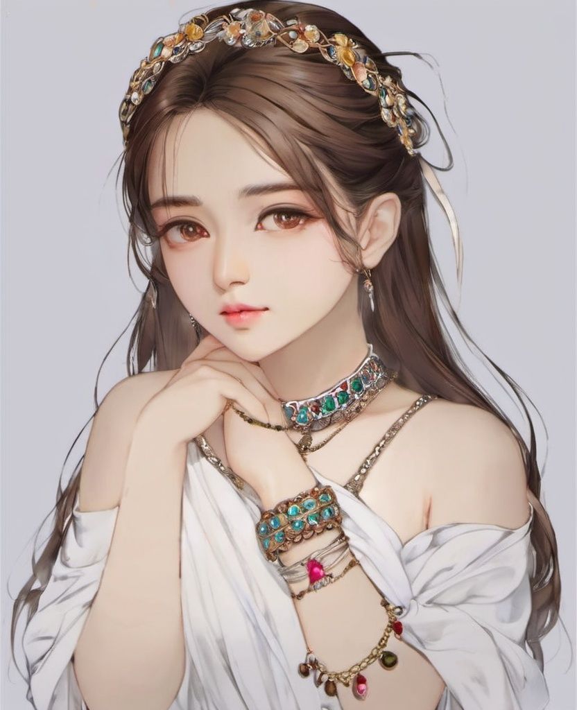 1girl, upper body, bracelet, white background, looking down, simple background,<lora:古风线稿_V1.0XL:1>, masterpiece, best quality,