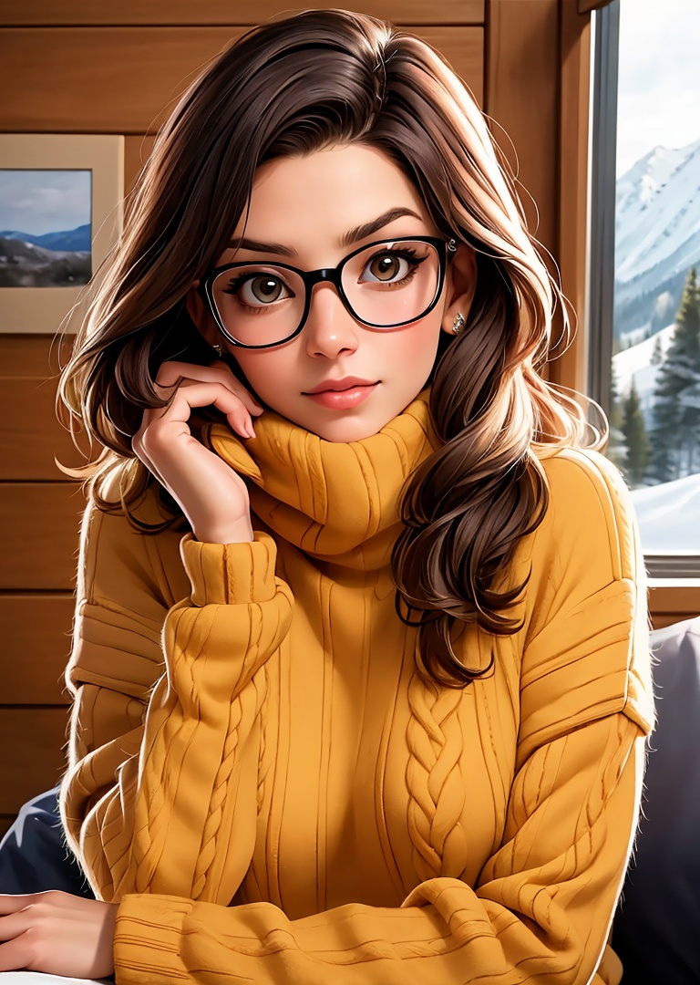 A photo of emb-babs,  as a beautiful woman in a thick sweater,  wearing stylish glasses on Tensor.Art