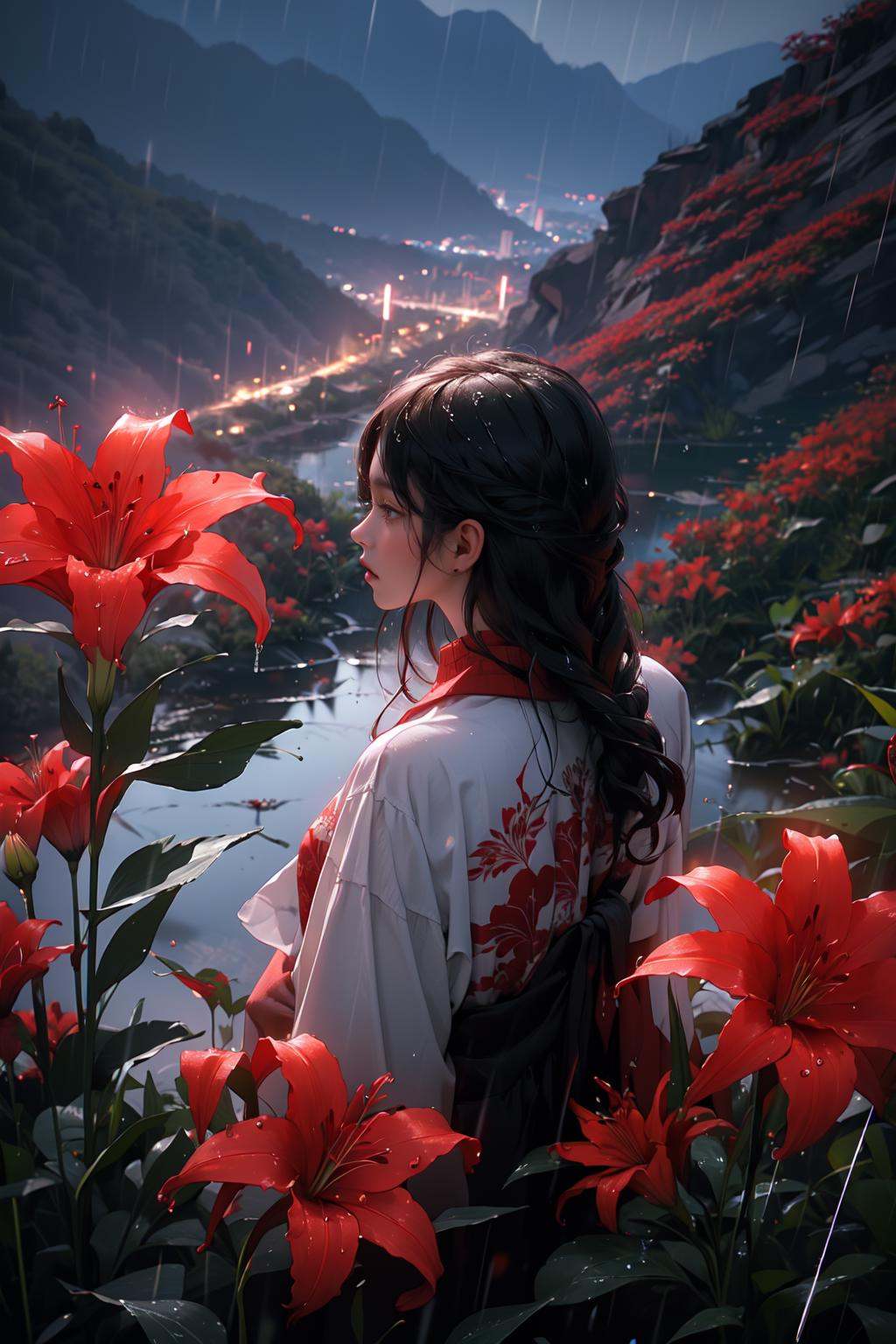 1girl,  spider lily,  red flowers on Tensor.Art