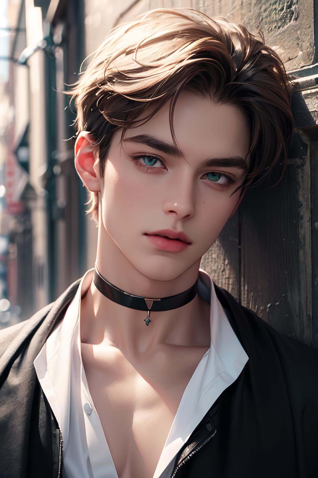 1male,  green eyes,  choker on Tensor.Art