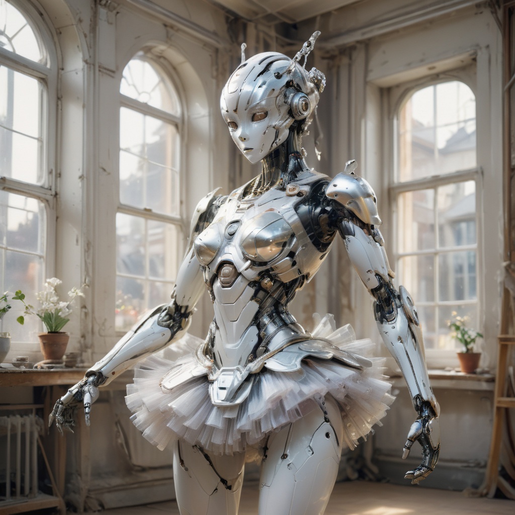 detailed shot of a robot,  completely mechanic creature,  made of glossy white plastic and silver on Tensor.Art