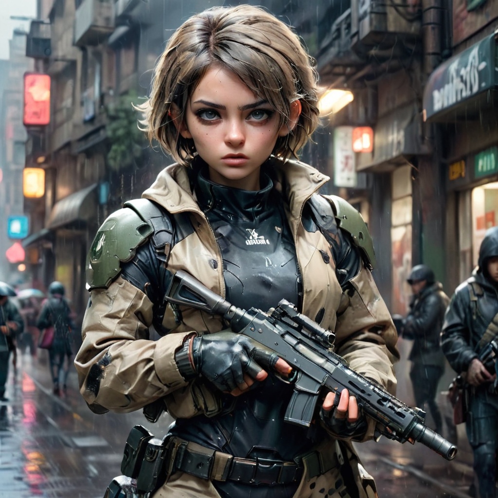 a chest up photo shot of a beautiful student model aiming a gun,  in urban camouflage,  eye contact on Tensor.Art